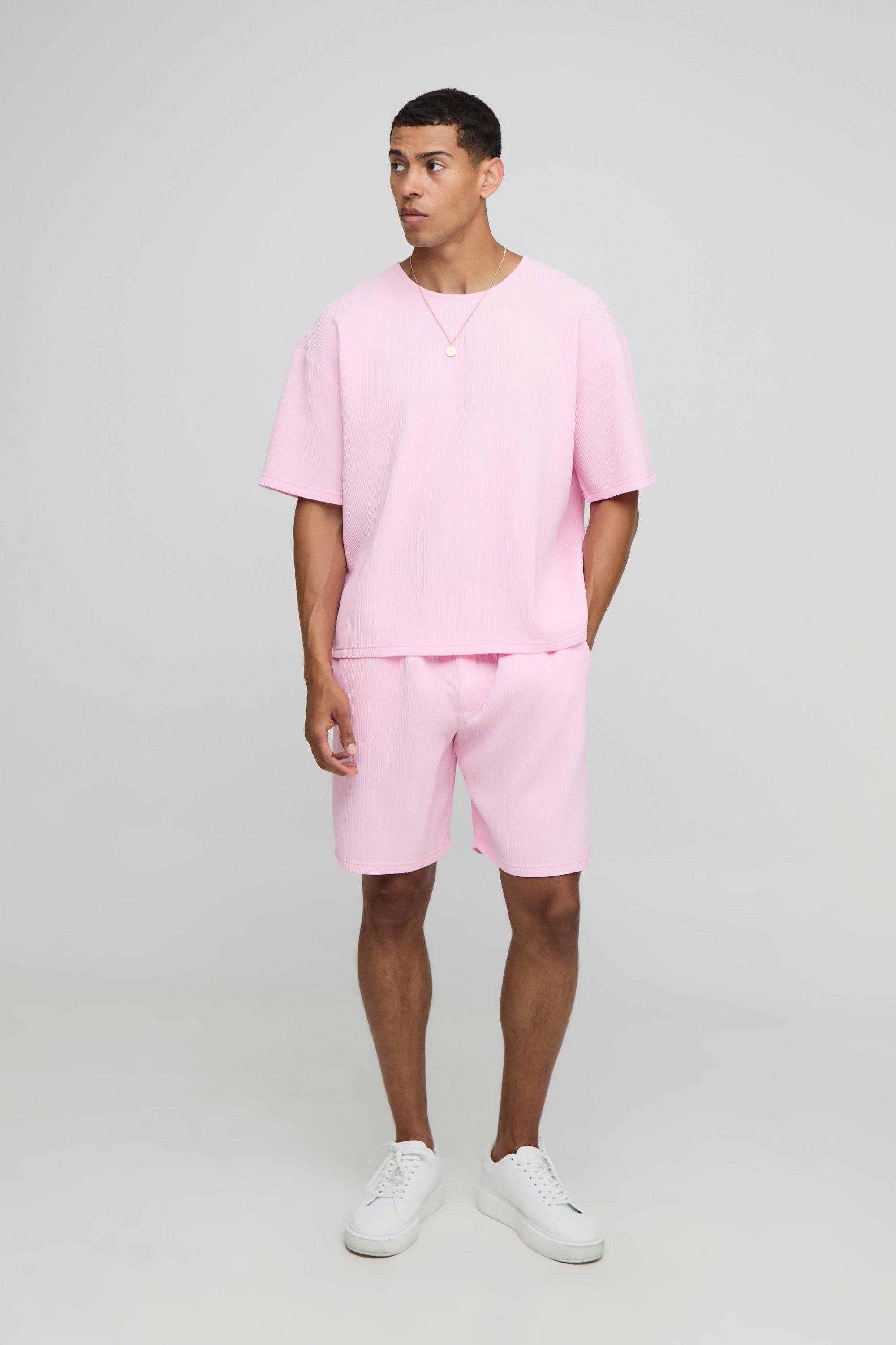 Mens Pink Oversized Boxy Pleated T-Shirt and Relaxed Fit Mid-Length Short Set, Pink