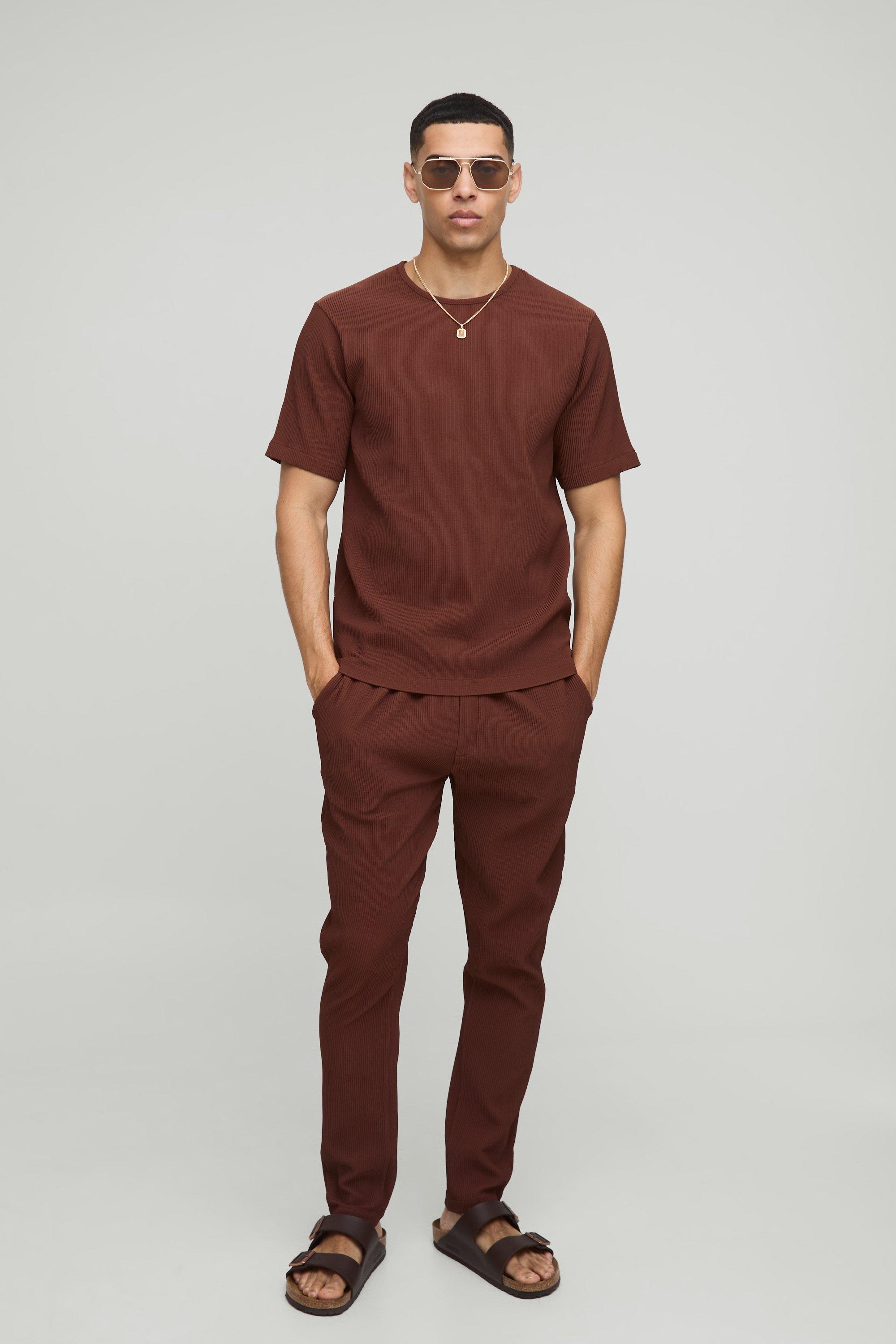 Mens Brown Pleated T-Shirt and Slim Tapered Jogger Set, Brown