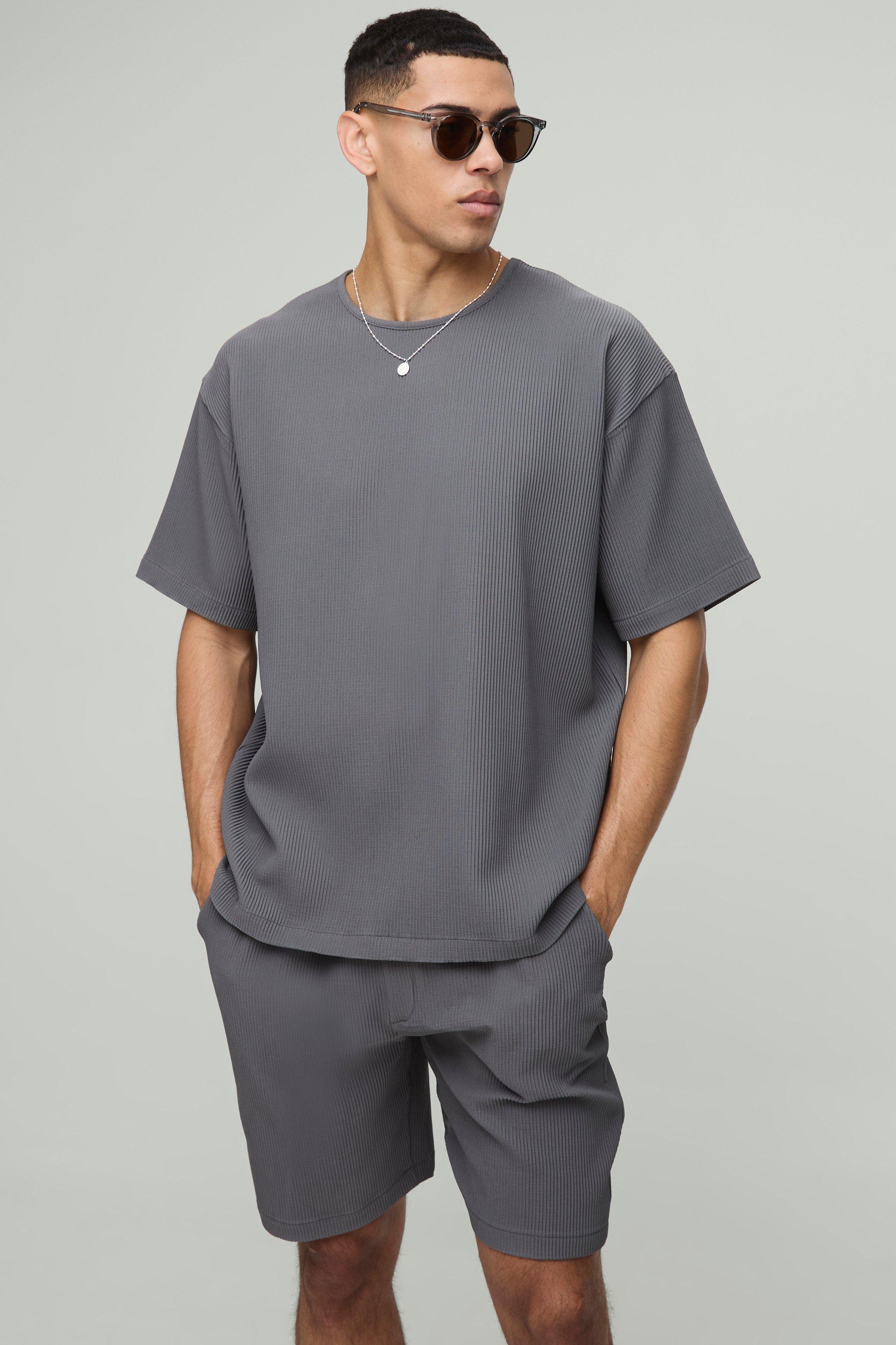 Set T-shirt oversize con pieghe & pantaloncini medi rilassati, Grigio
