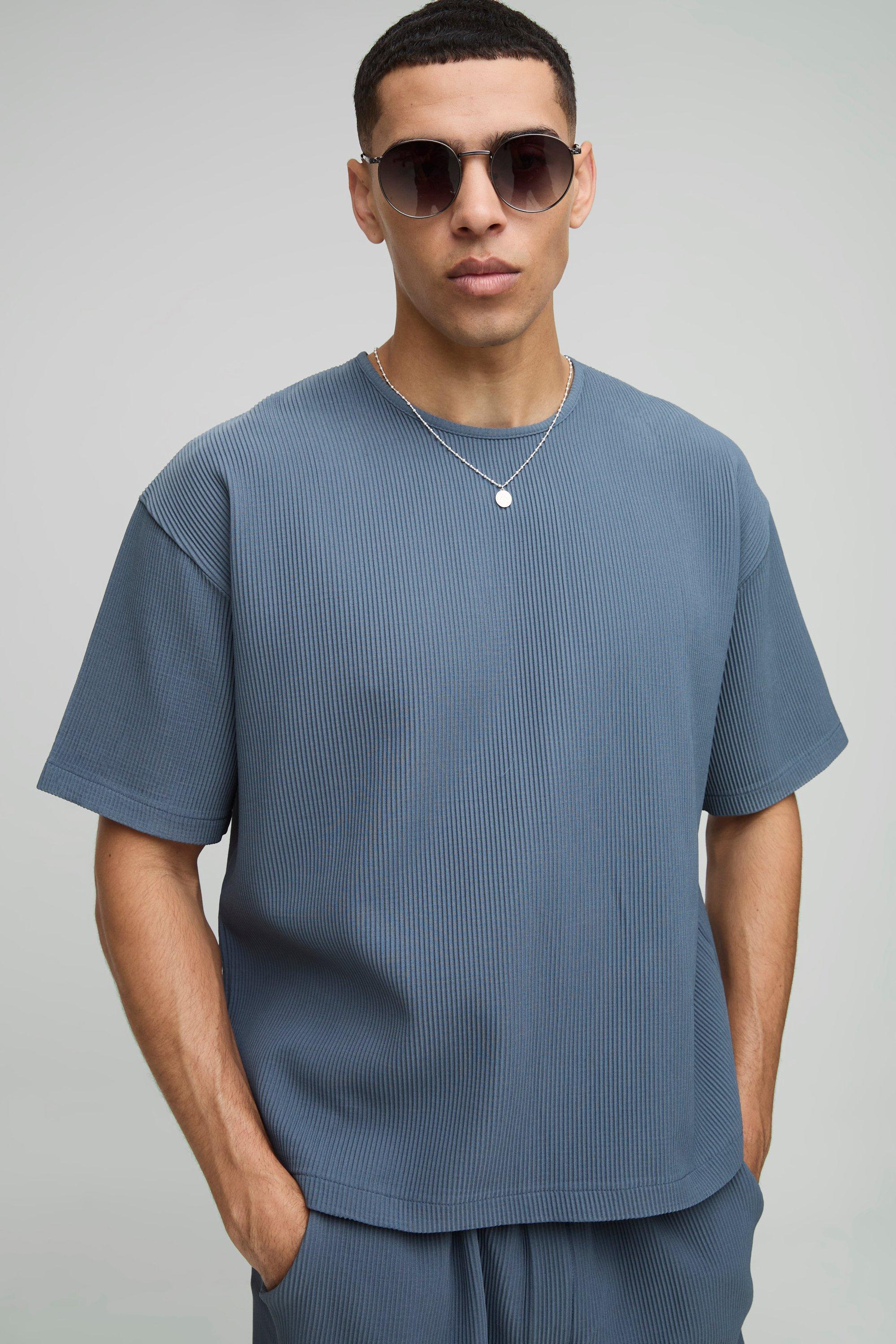 T-shirt squadrata oversize con pieghe, Azzurro