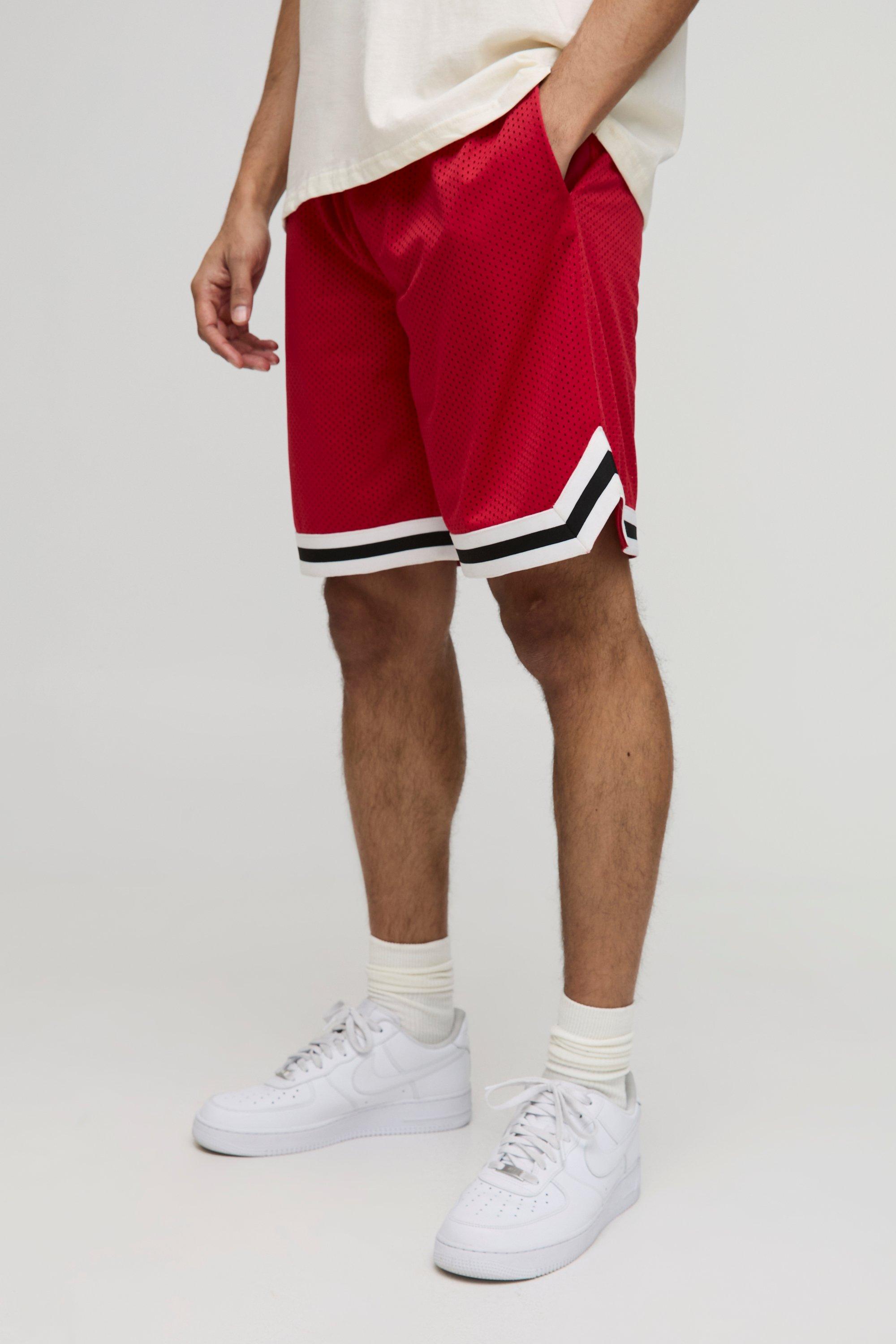 Mens Red Mid Length Mesh Basketball Shorts, Red