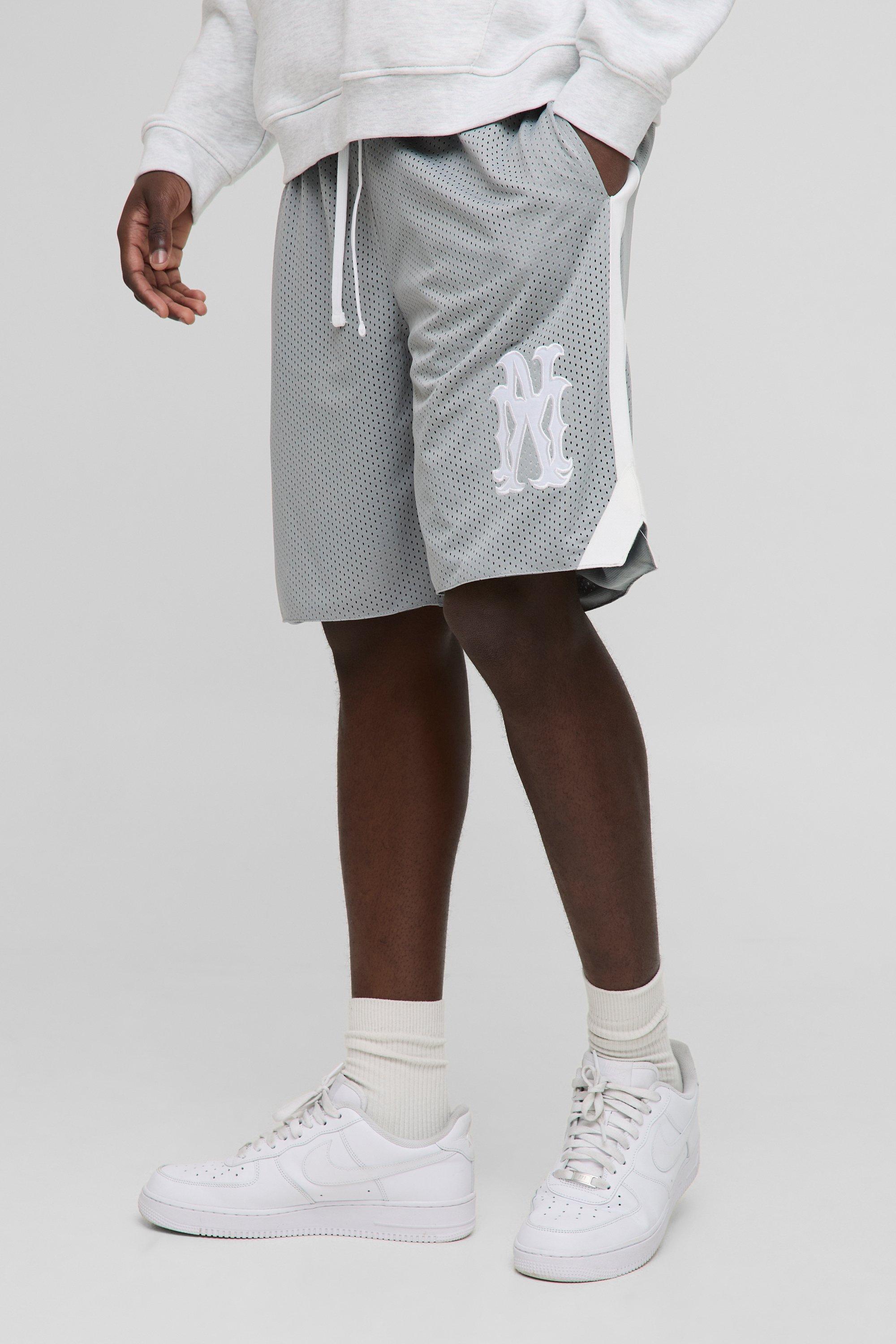 Mens Grey Applique Mid Length Mesh Basketball Shorts, Grey