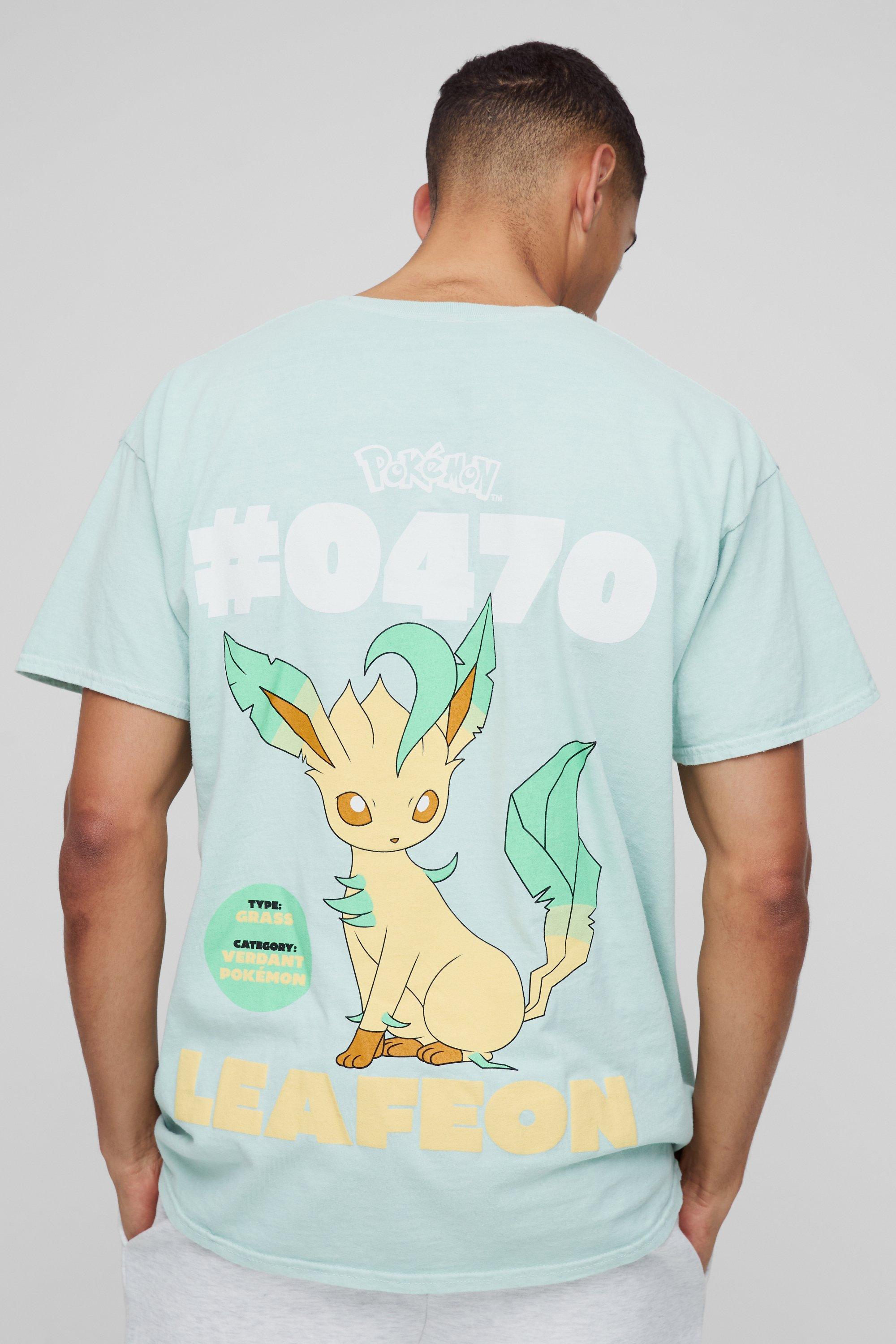 Mens Green Oversized Leafeon Pokemon Graphic License Washed T-Shirt, Green