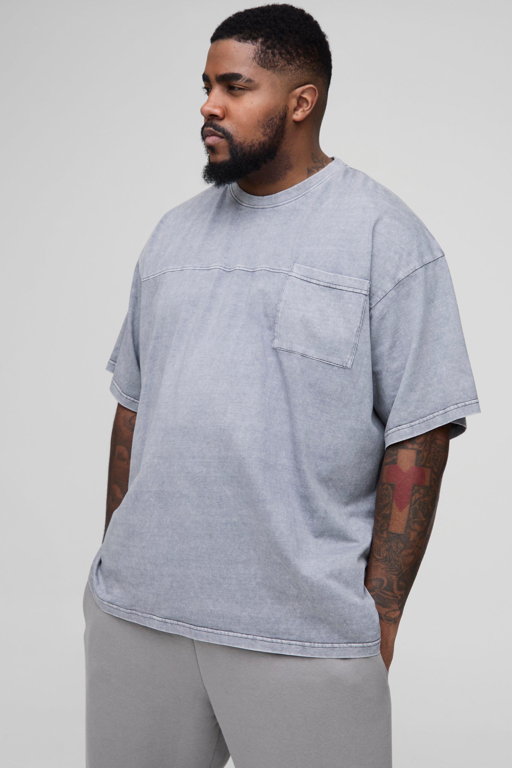 T-shirt Plus Size oversize slavata con tasche, Grigio