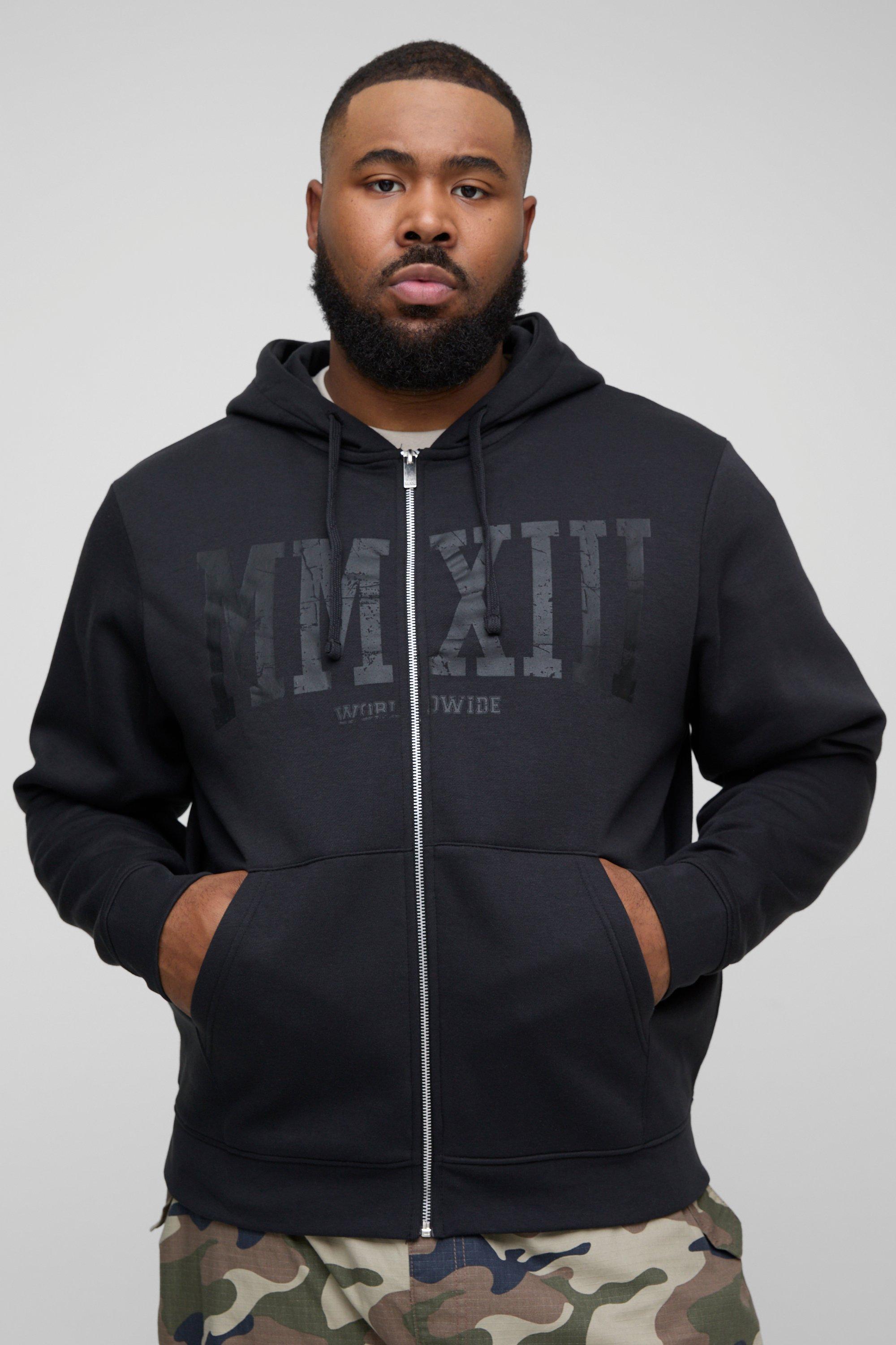Felpa Plus Size MMXXIII con stampa craquelé, zip e cappuccio, Nero