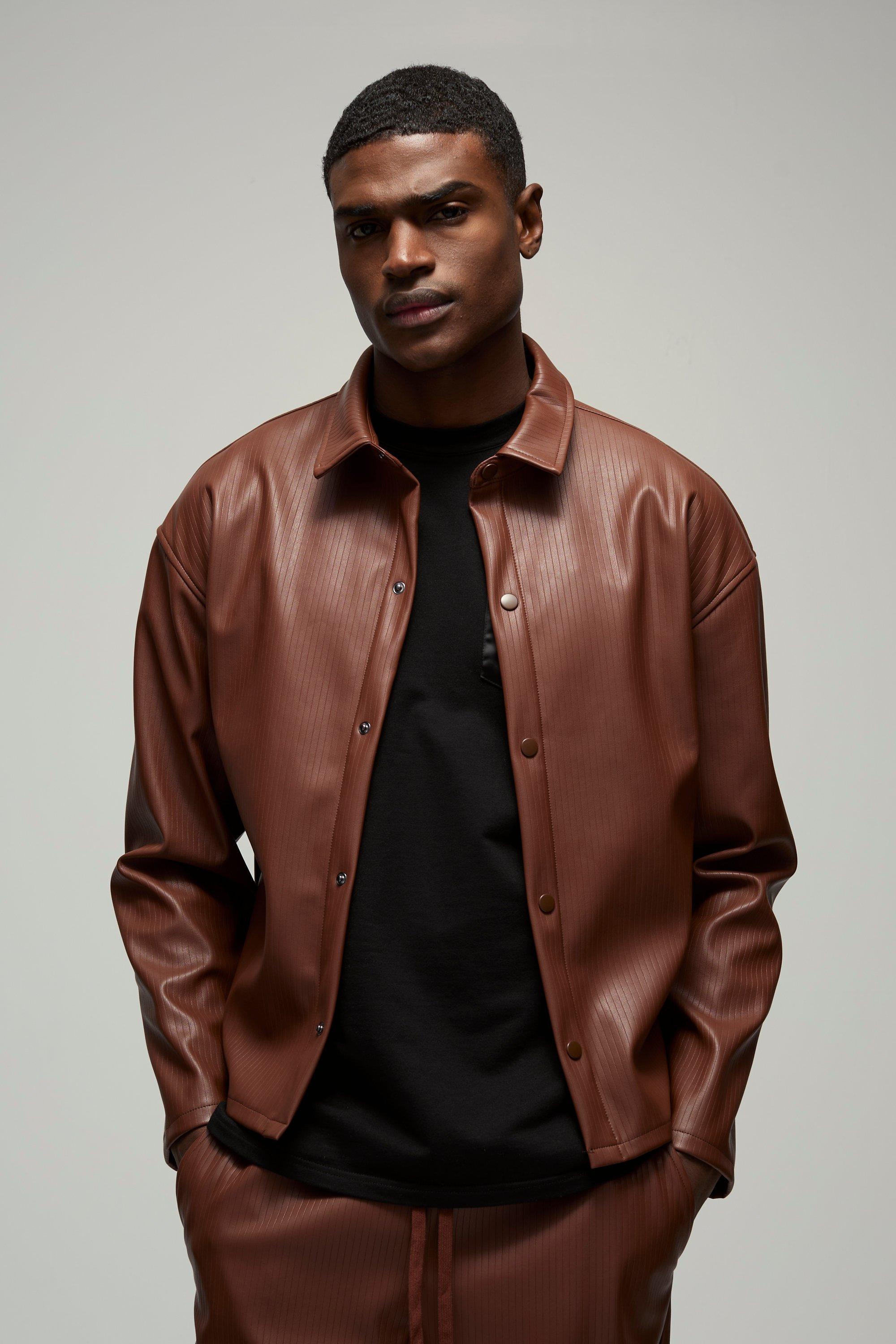 Mens Brown Oversized Embossed PU Overshirt, Brown