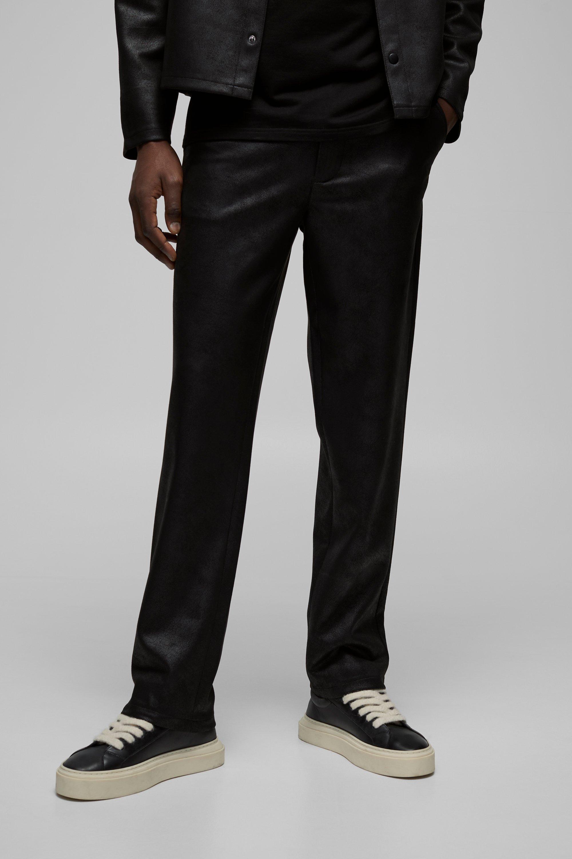 Image of Pantaloni dritti in suedette anticate con fascia fissa in vita, Nero