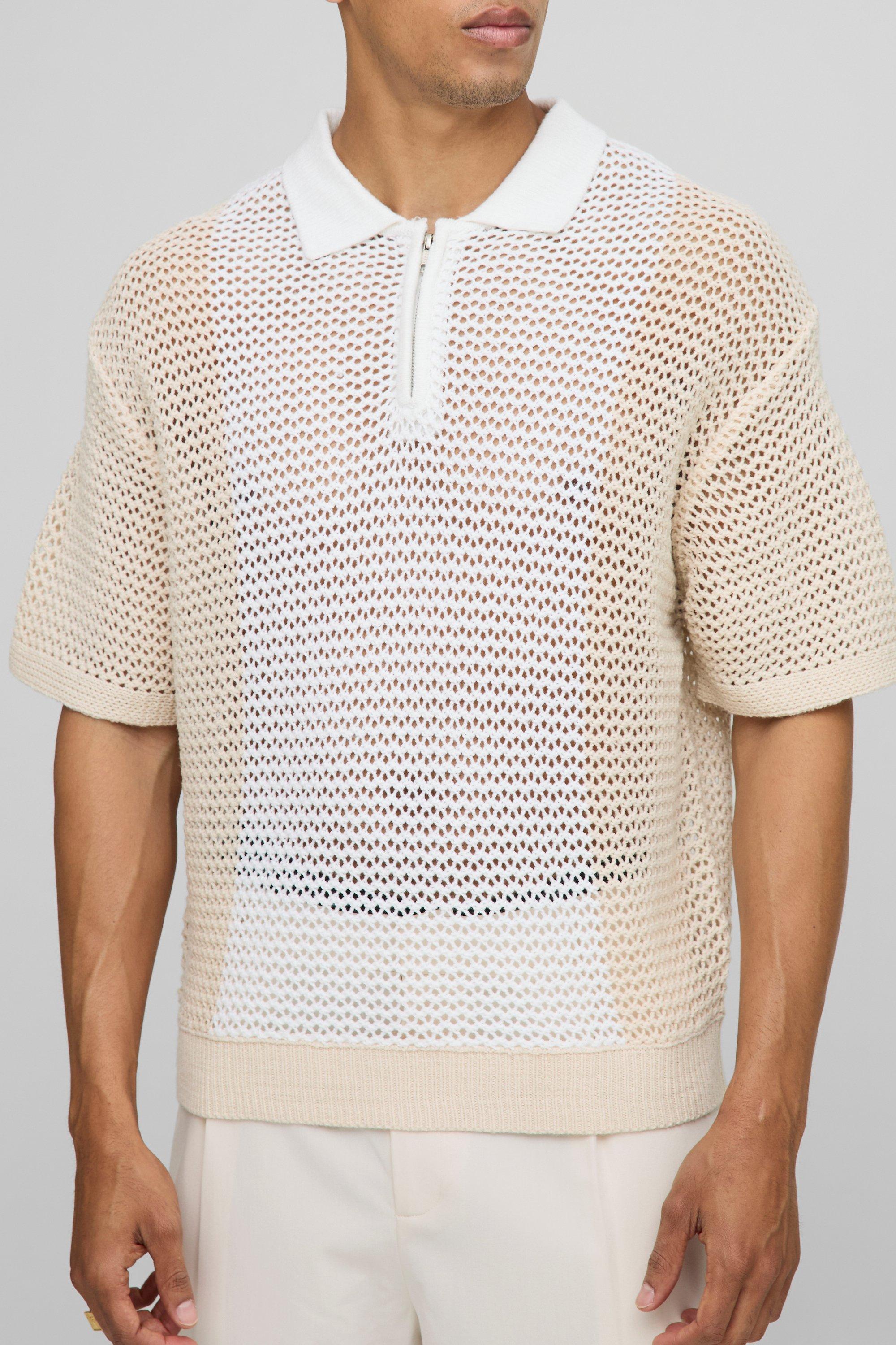 Image of Polo squadrata in maglia a blocchi di colore con zip sul colletto e cuciture aperte, Beige