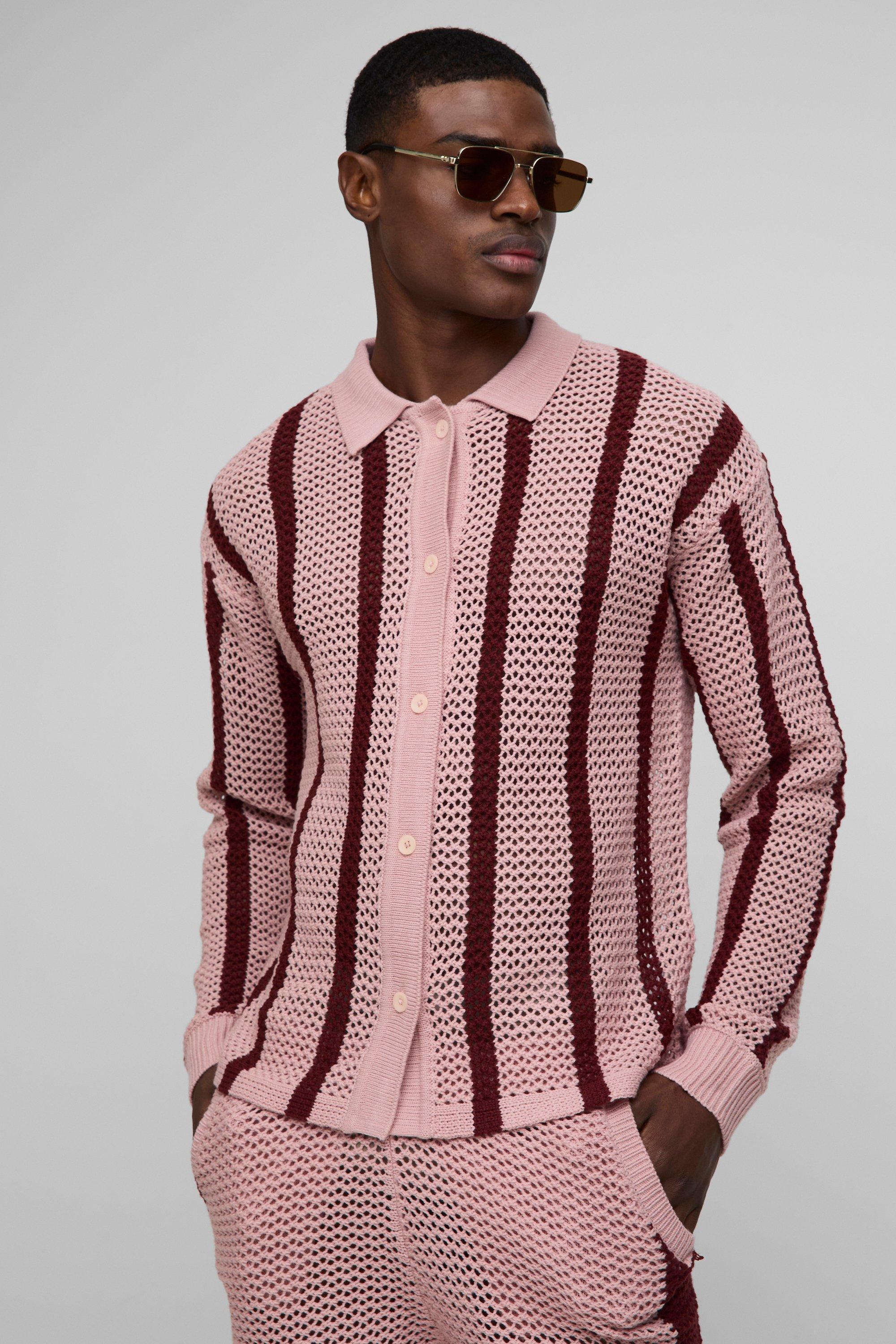 Polo oversize a maniche lunghe in maglia a righe traforate, Rosso