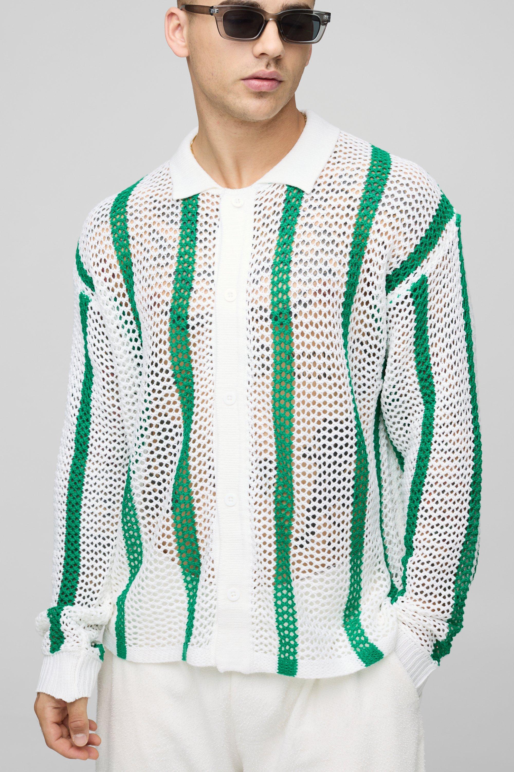 Image of Polo oversize a maniche lunghe in maglia a righe traforate, Bianco