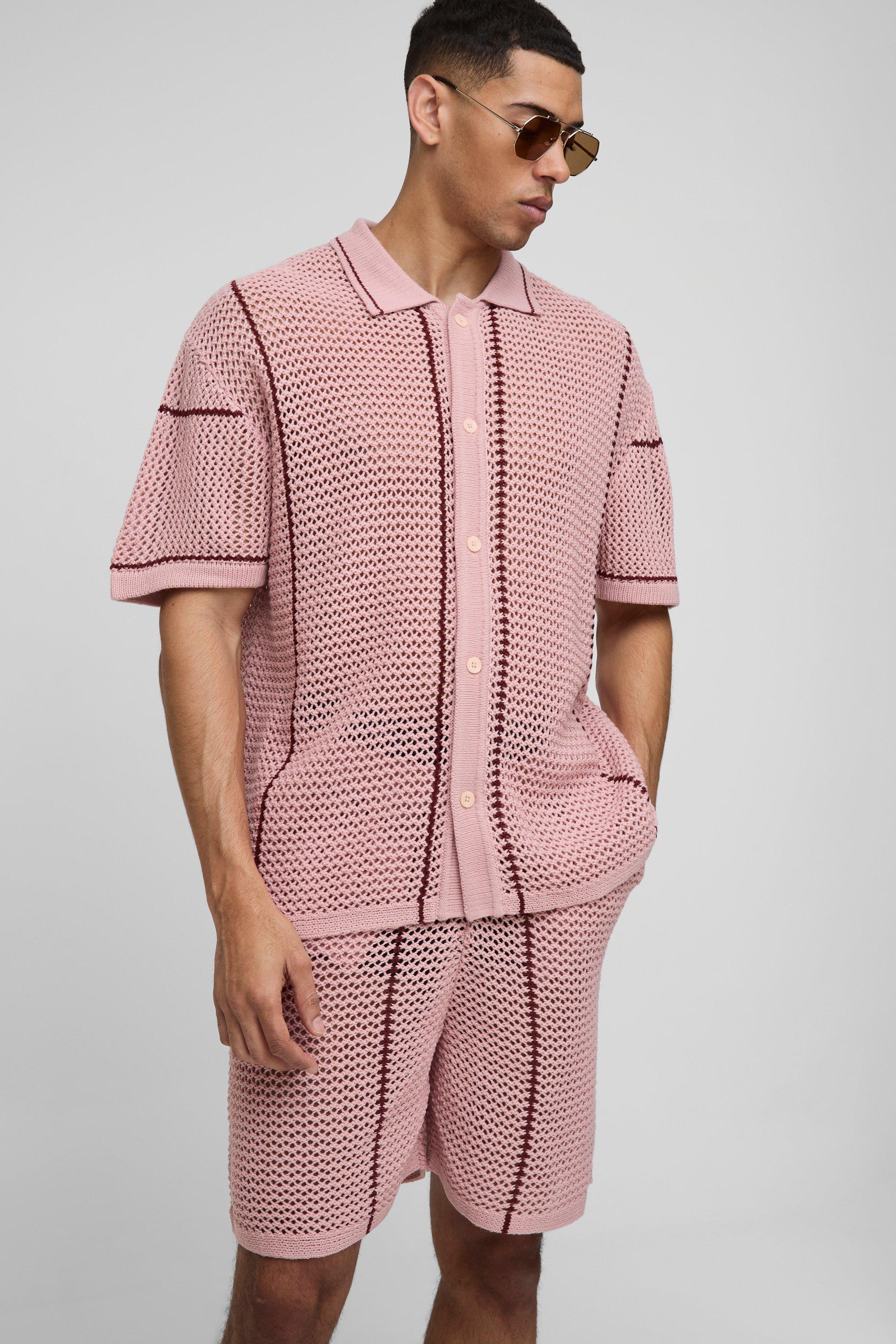 Image of Set camicia in maglia Regular Fit a righe traforate con bottoni, Azzurro