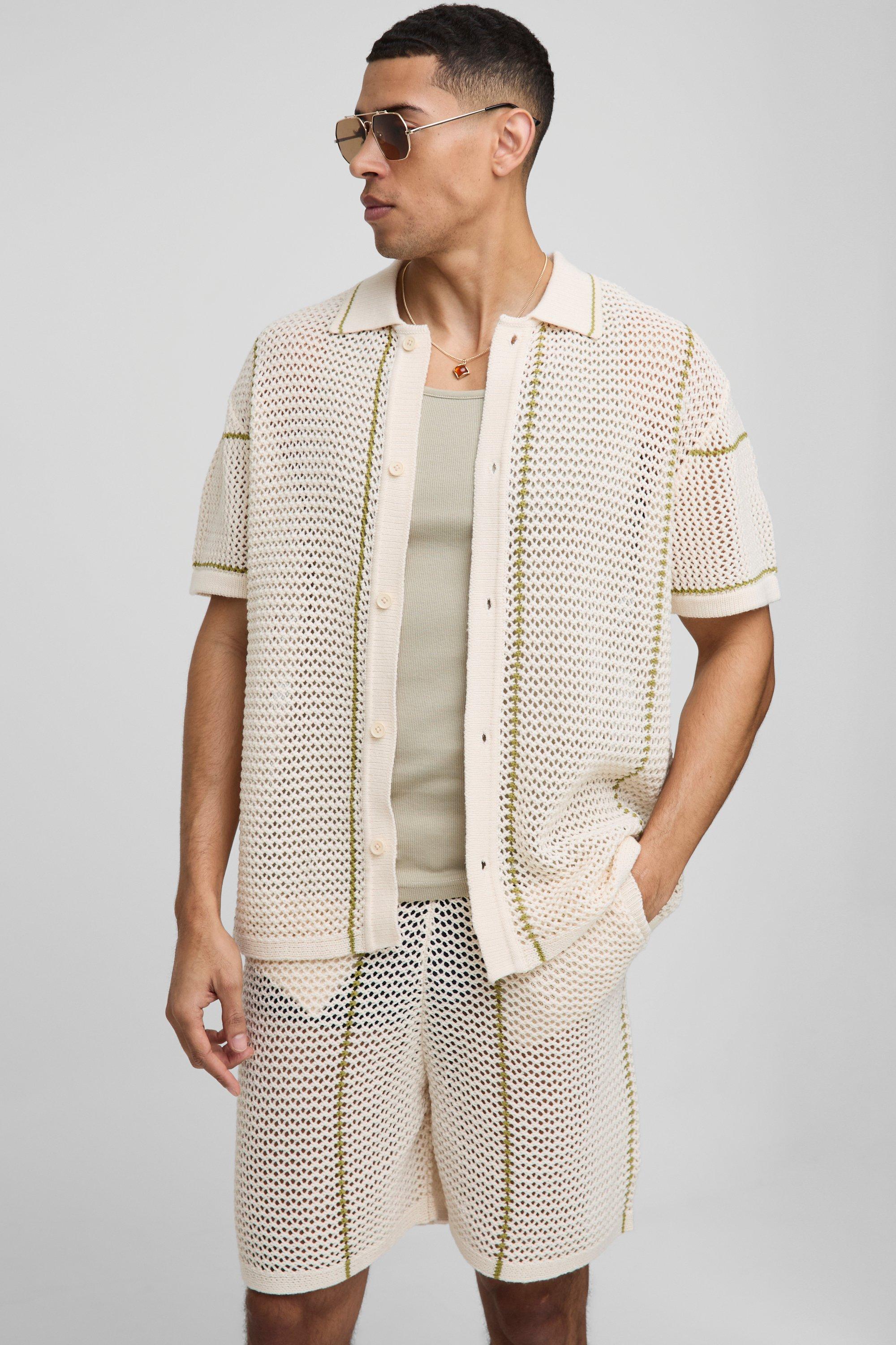 Image of Set camicia in maglia Regular Fit a righe traforate con bottoni, Cream