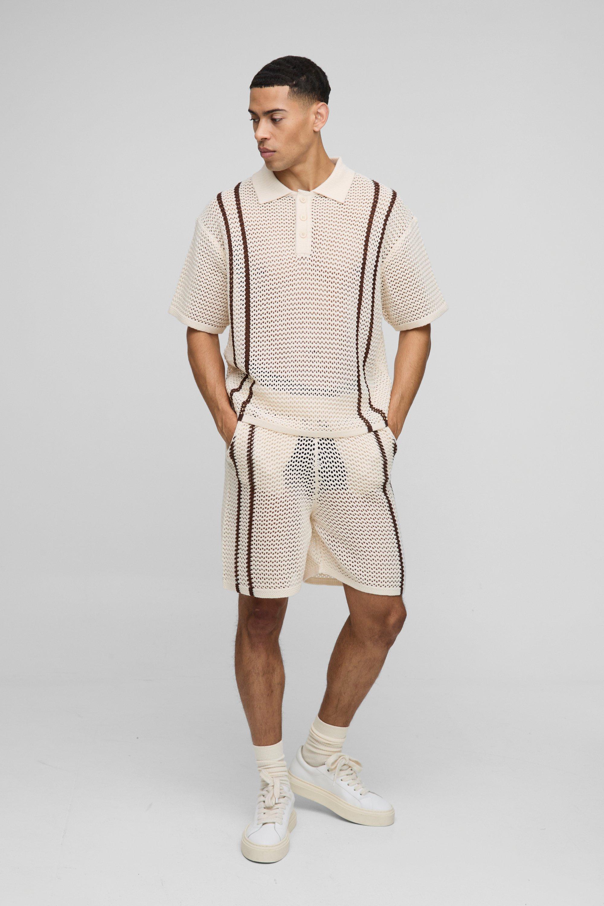Boxy Fit Open Stitch Stripe Button Neck Knitted Polo Shorts Set