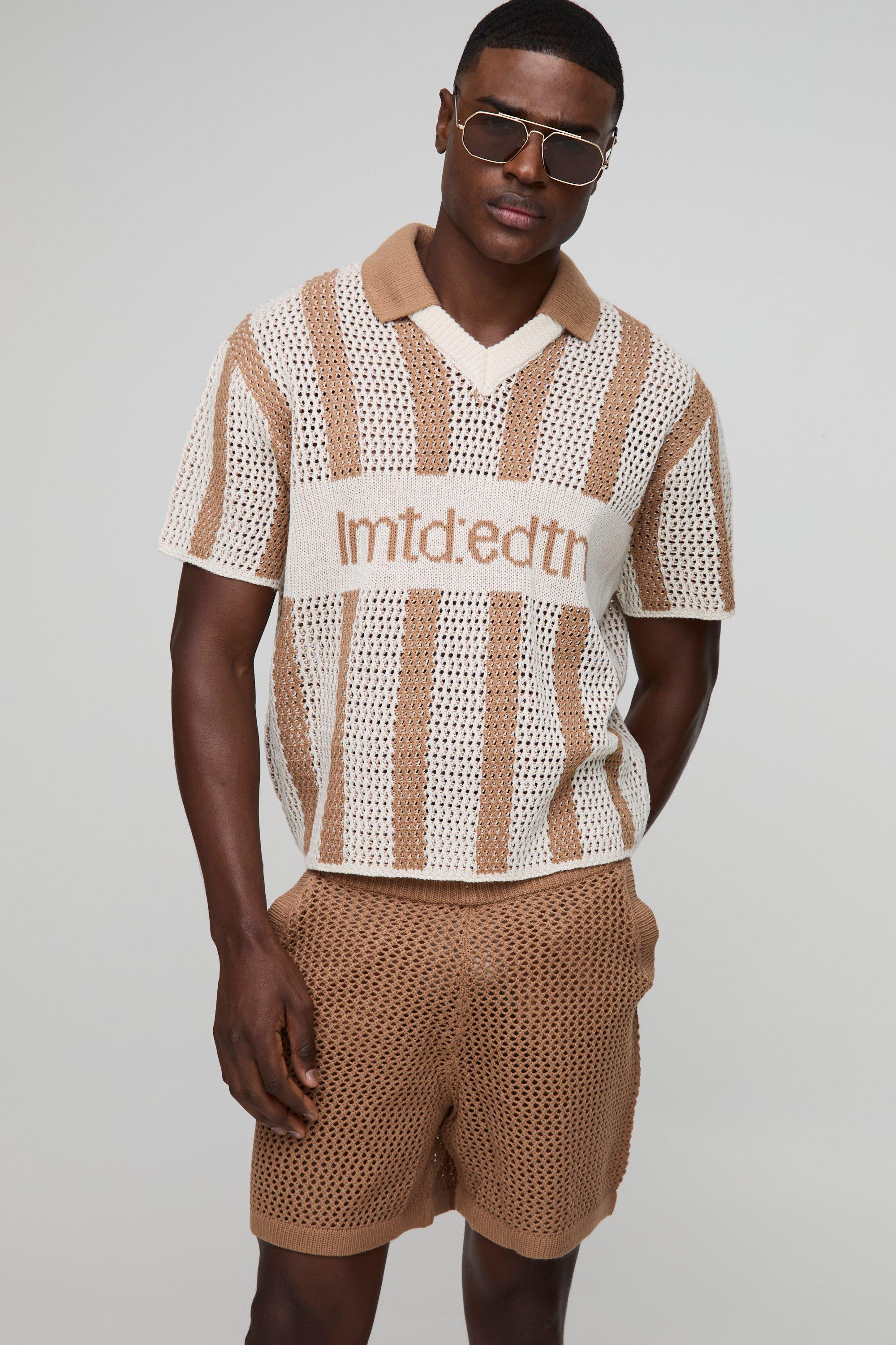 Set pantaloncini da calcio in maglia all'uncinetto a righe con scollo a V, Beige