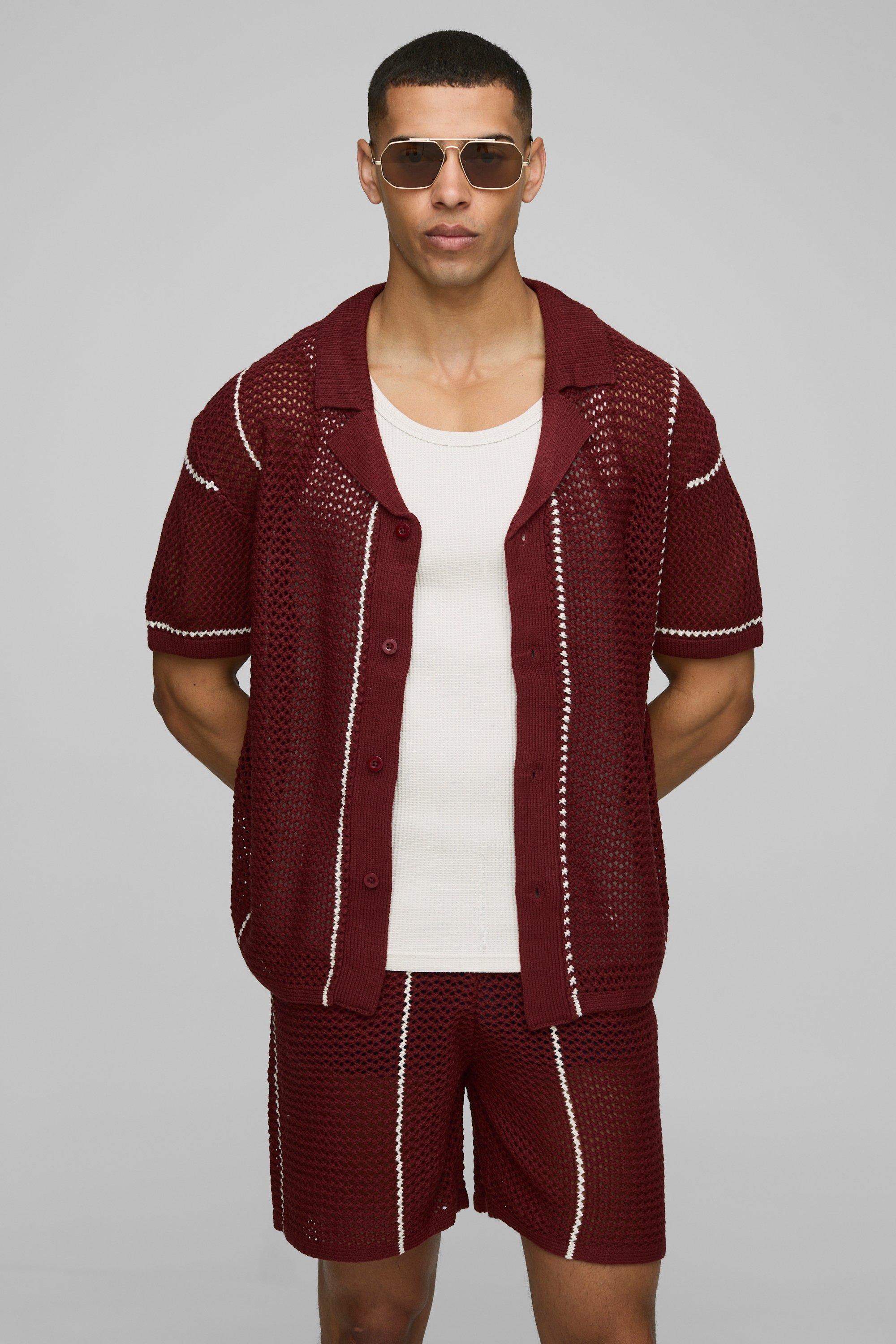 Mens Brown Boxy Revere Collar Open Stitch Stripe Knitted Shorts Set, Brown