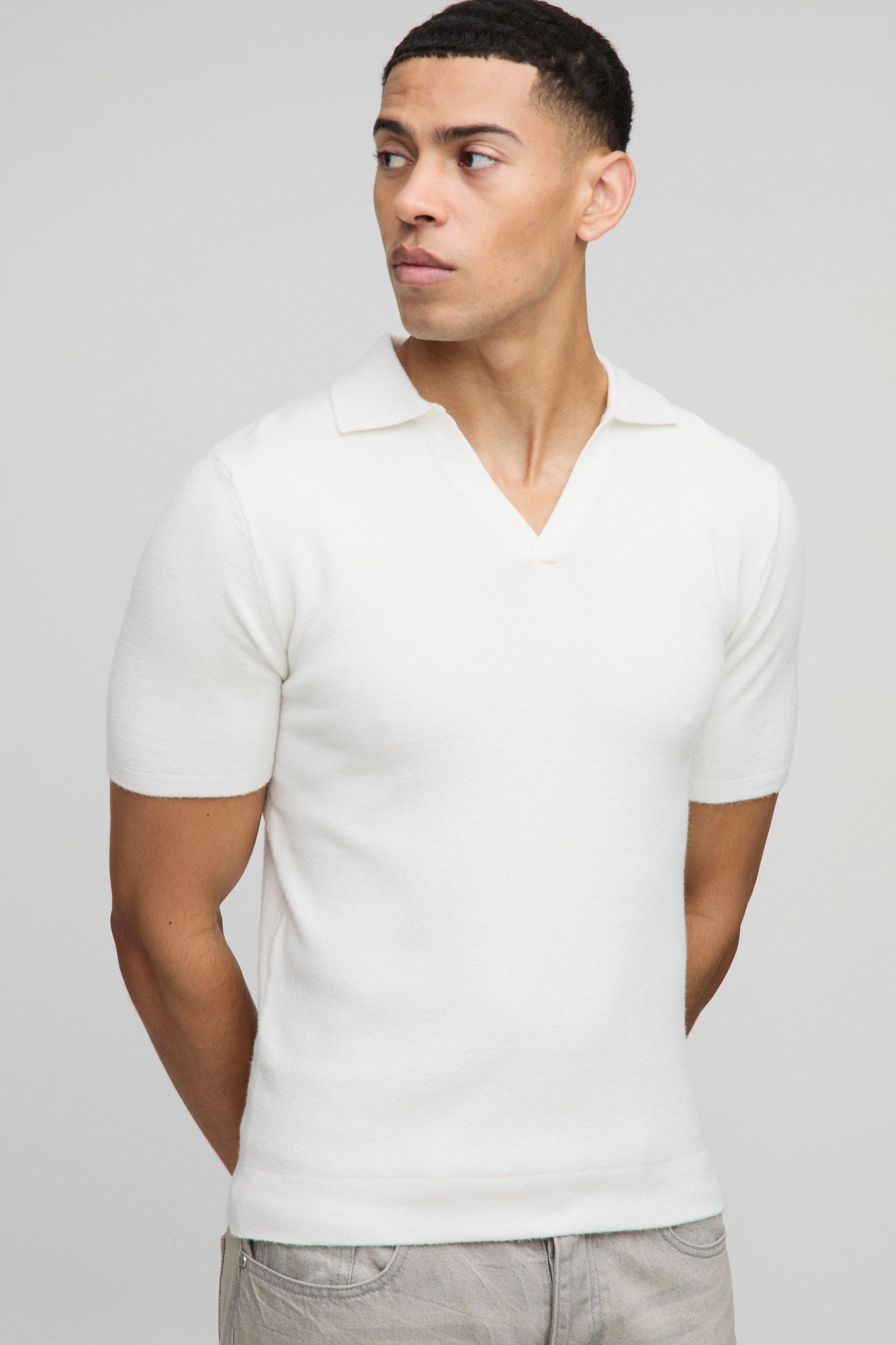 Mens Cream Muscle Fit Revere Collar Knitted Polo, Cream