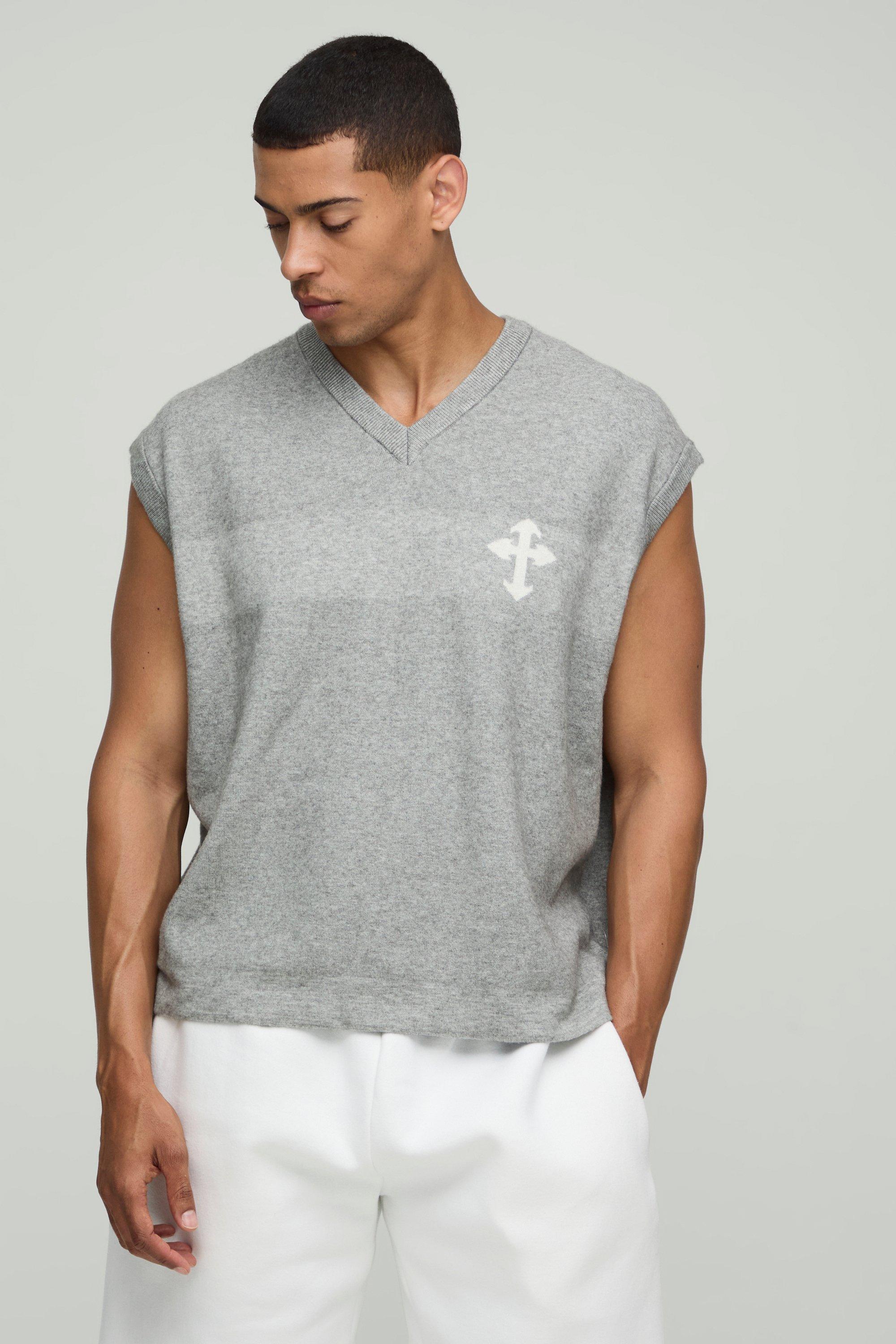 Mens Grey Oversized Boxy Cross Jacquard Knitted Vest, Grey