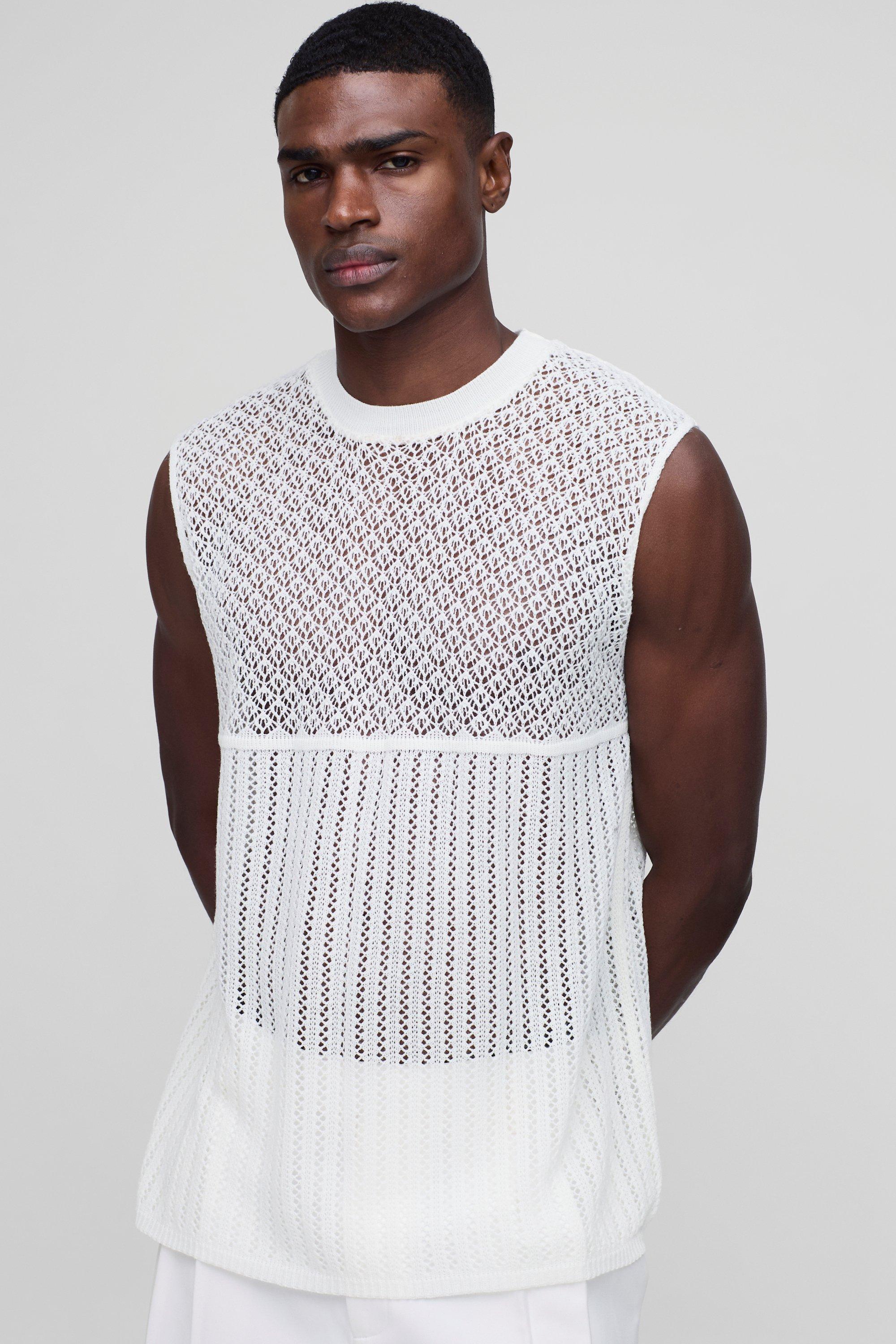 Regular Fit Open Stitch Knitted Vest, Cream