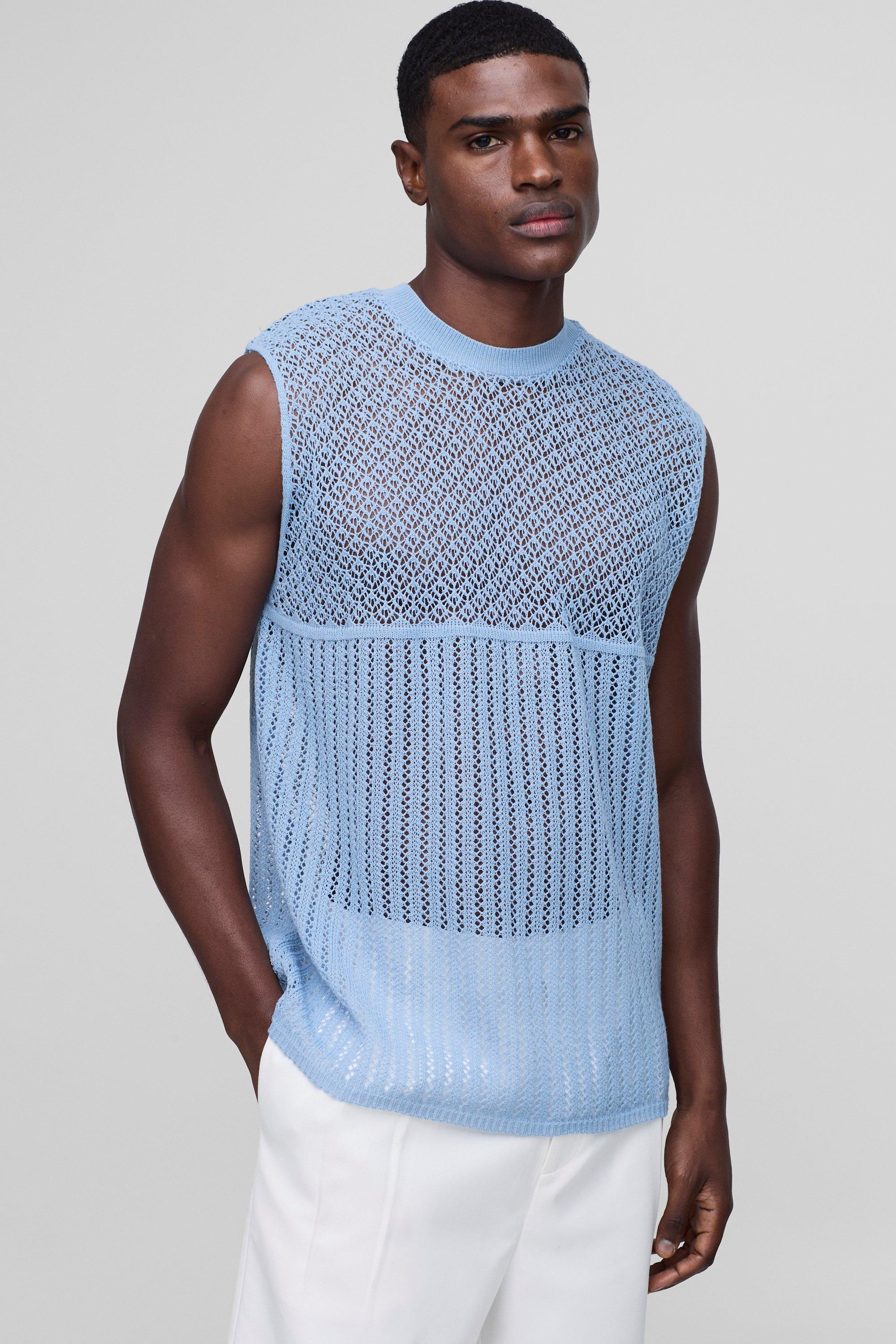 Regular Fit Open Stitch Knitted Vest, Azzurro
