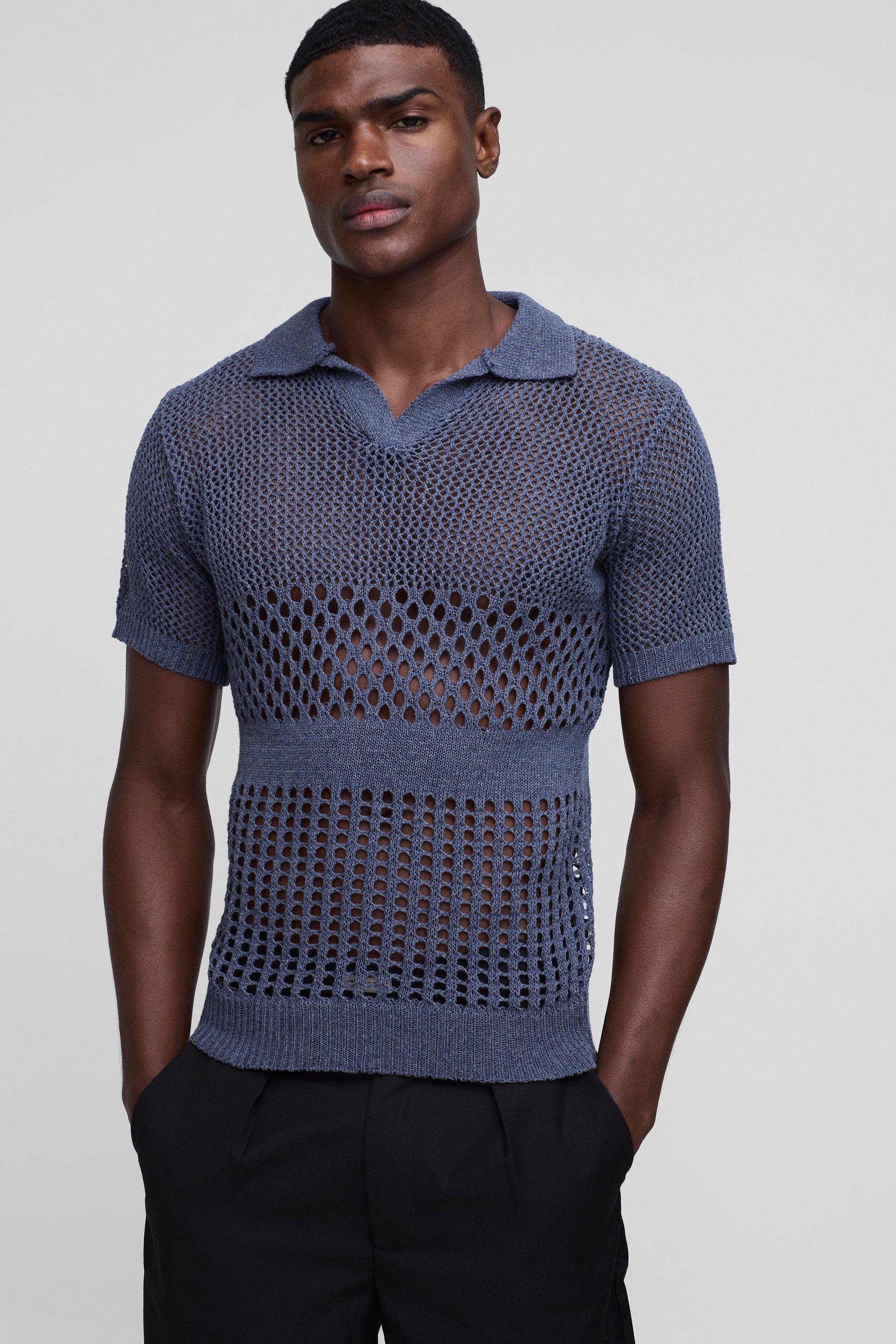 Polo in maglia con cuciture regolari e colletto con bottoni, Azzurro