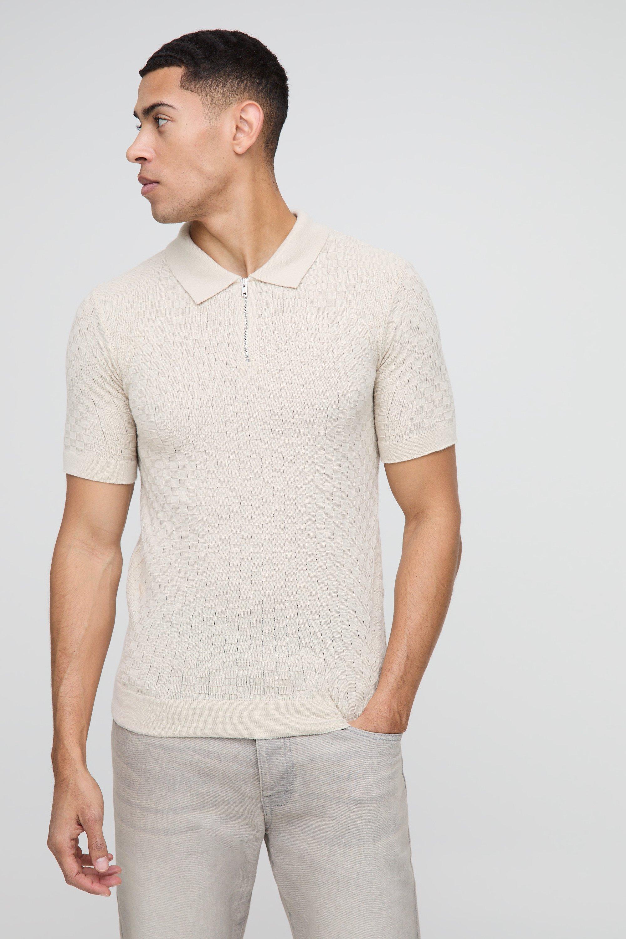 Muscle Fit Zip Neck Basket Knitted Polo, Beige