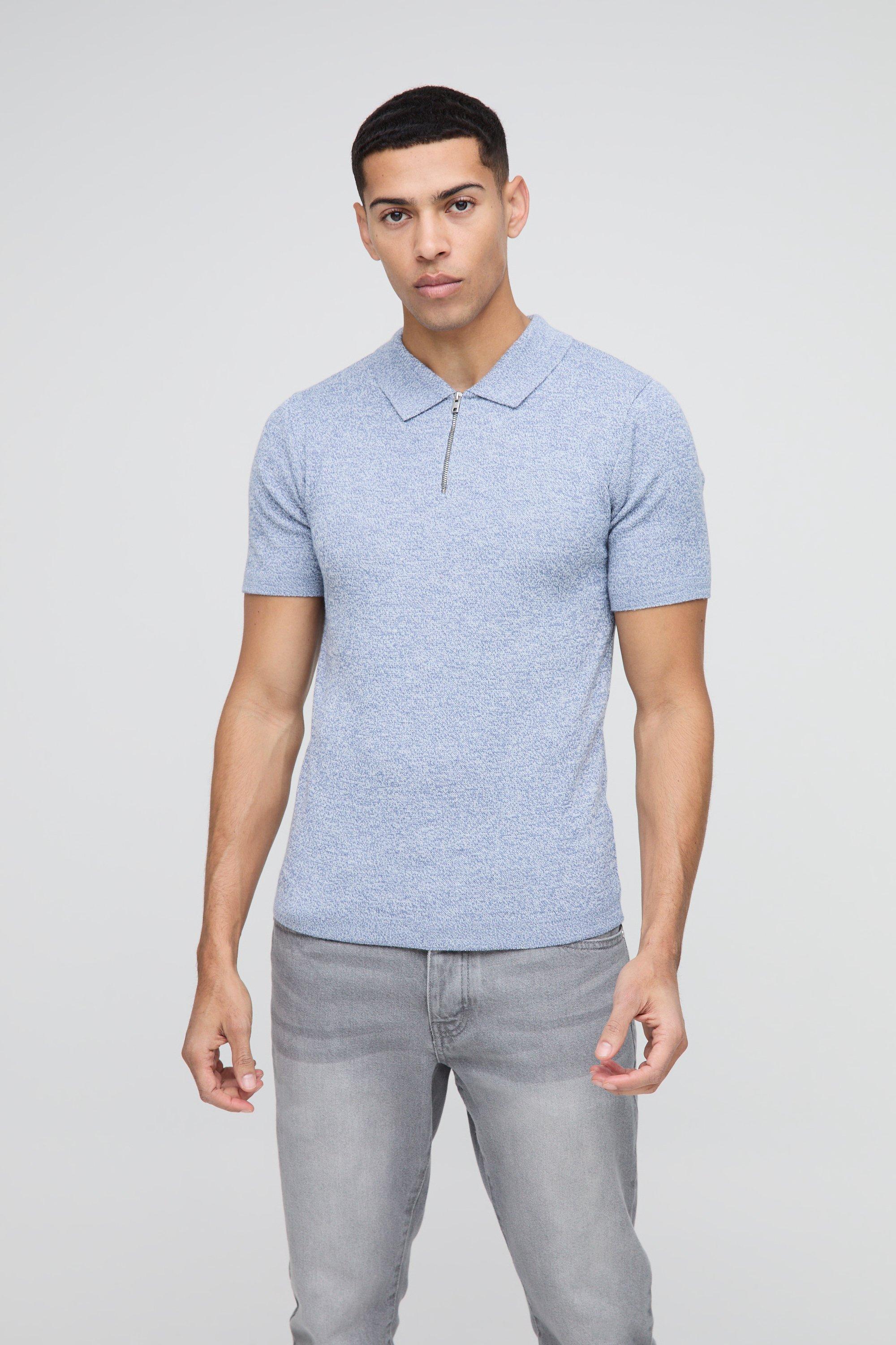 Muscle Fit Zip Neck Colour Twist Knitted Polo, Azzurro