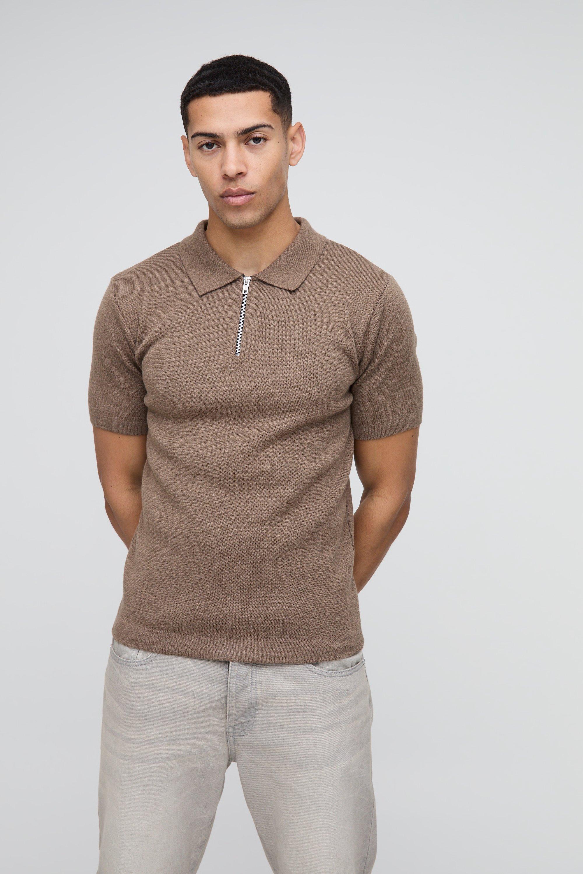 Muscle Fit Zip Neck Colour Twist Knitted Polo, Beige