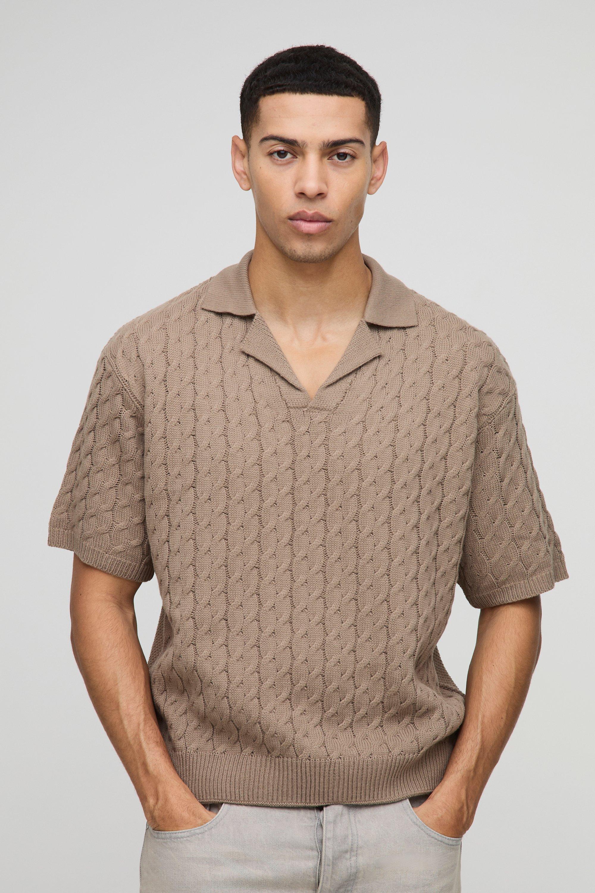 Mens Beige Oversized Boxy Revere Collar Cable Knitted Polo, Beige