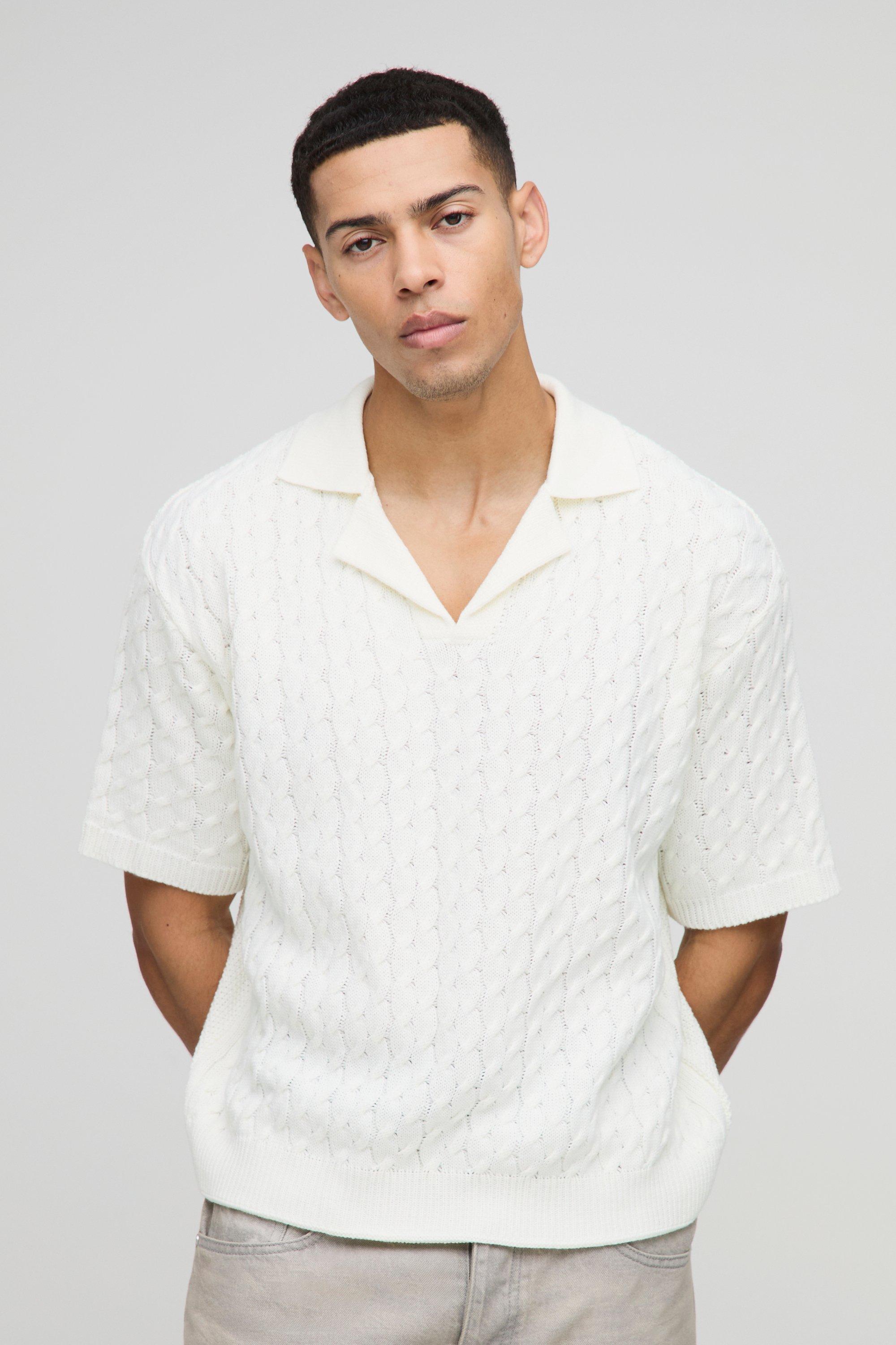 Mens White Oversized Boxy Revere Collar Cable Knitted Polo, White