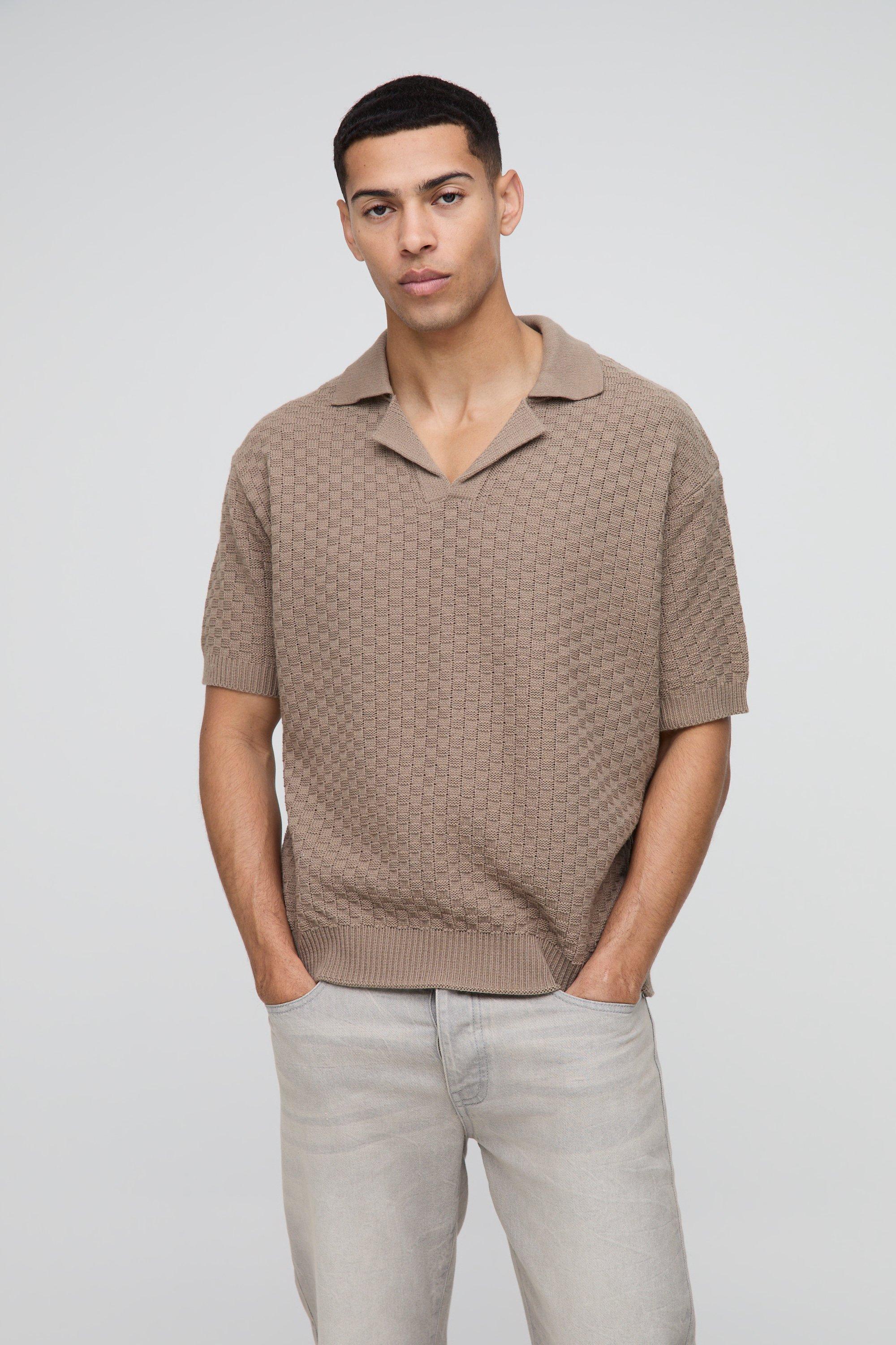 Oversized Boxy Revere Collar Basket Knitted Polo, Beige