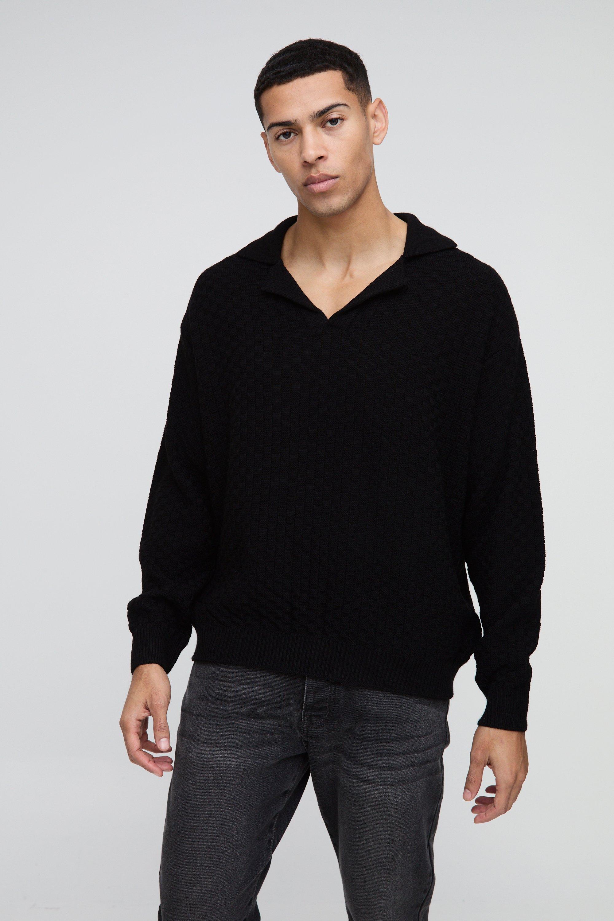 Oversized Boxy Revere Collar Basket Knitted Polo, Nero