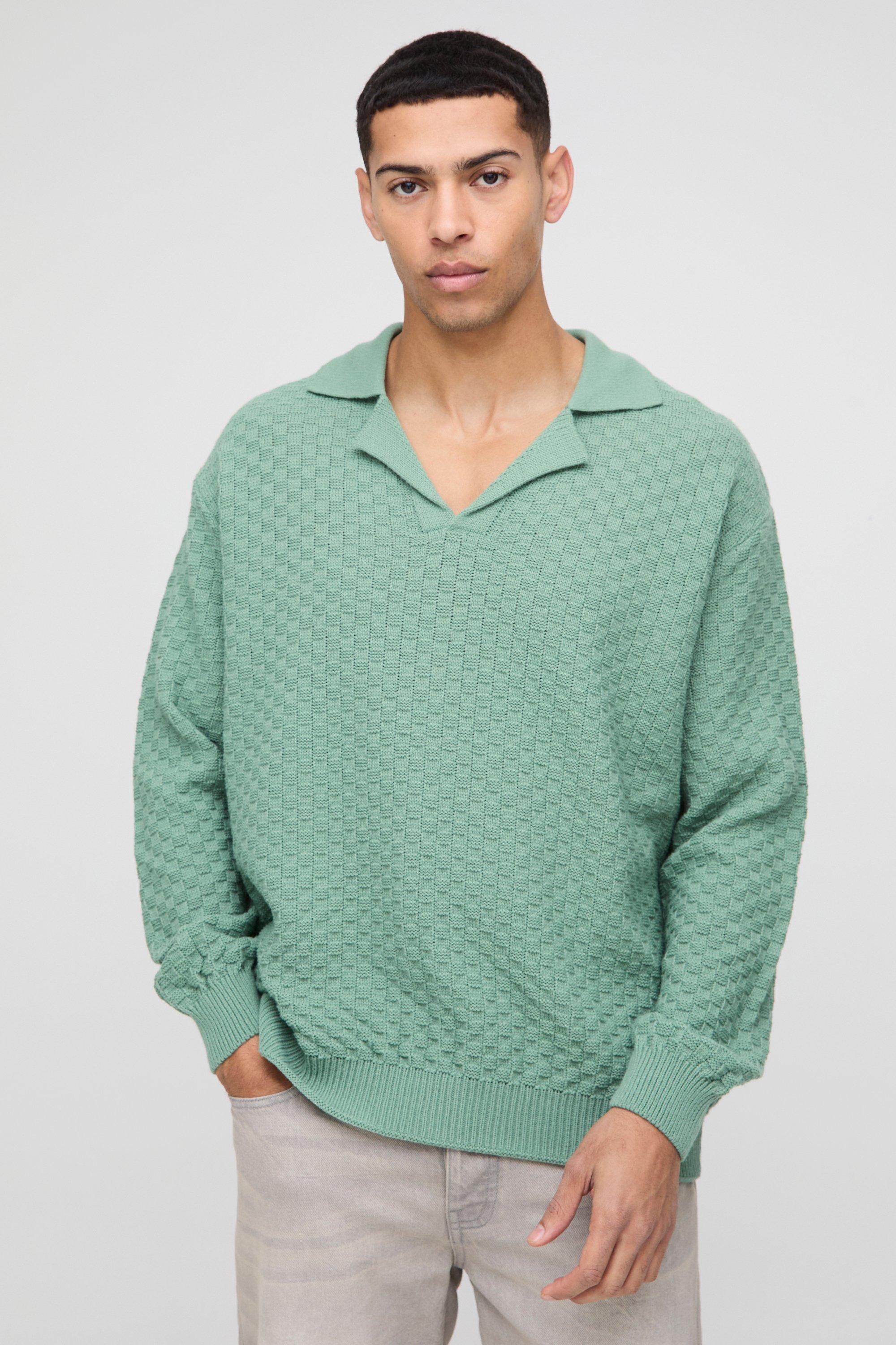 Oversized Boxy Revere Collar Basket Knitted Polo, Verde