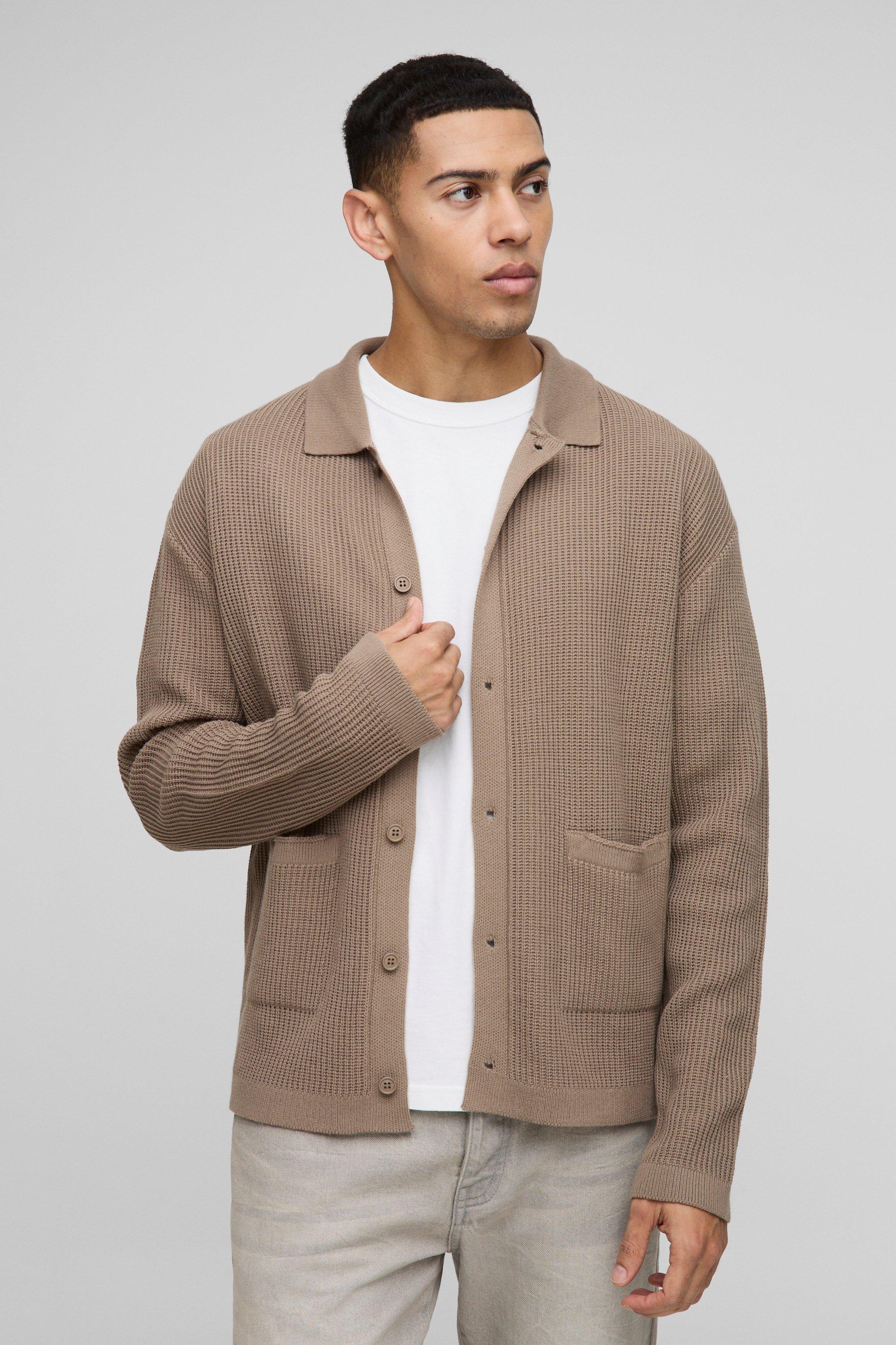 Camicia squadrata oversize in maglia a coste con tasche, Beige