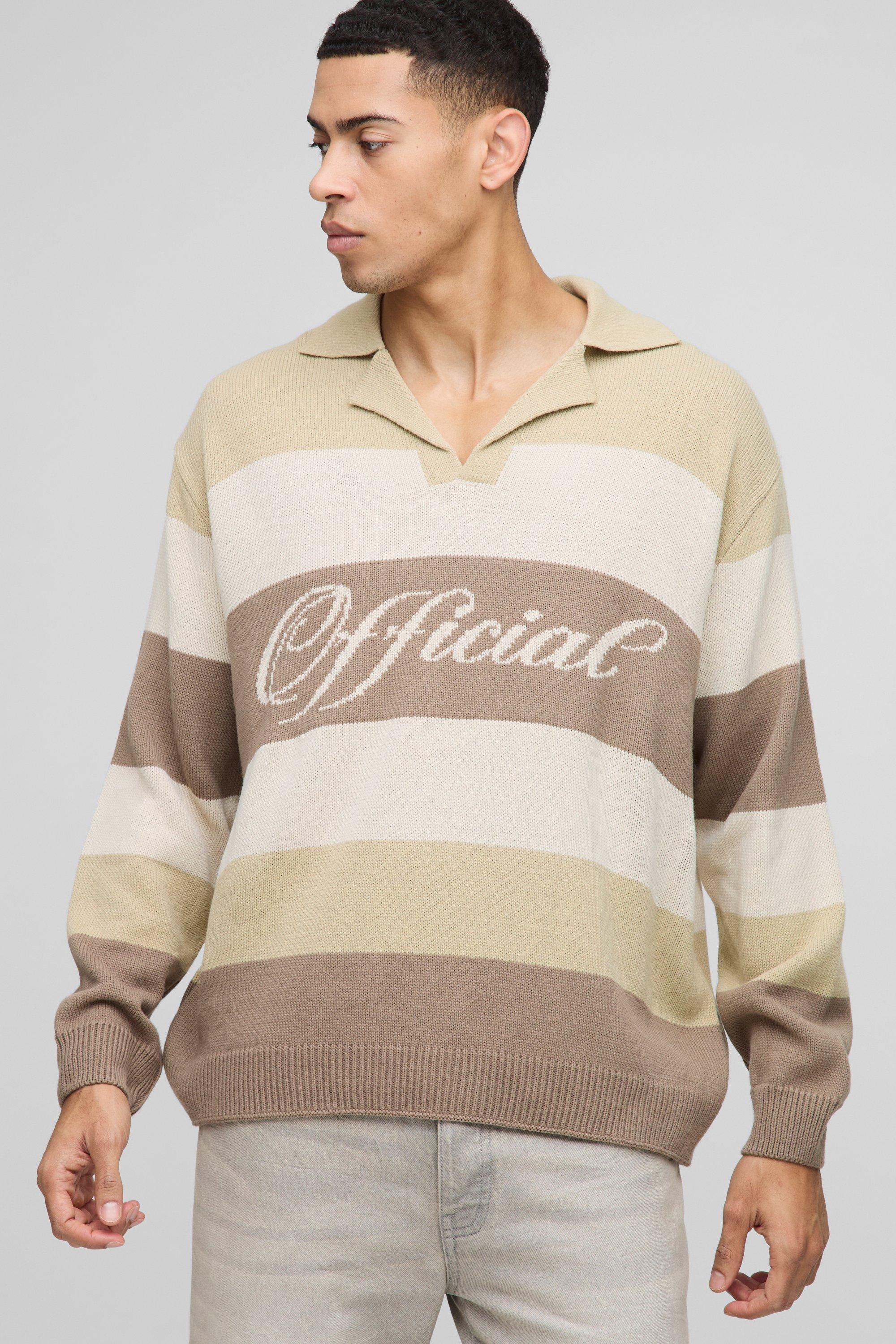 Pullover oversize in maglia stile polo con colletto e rever, Beige