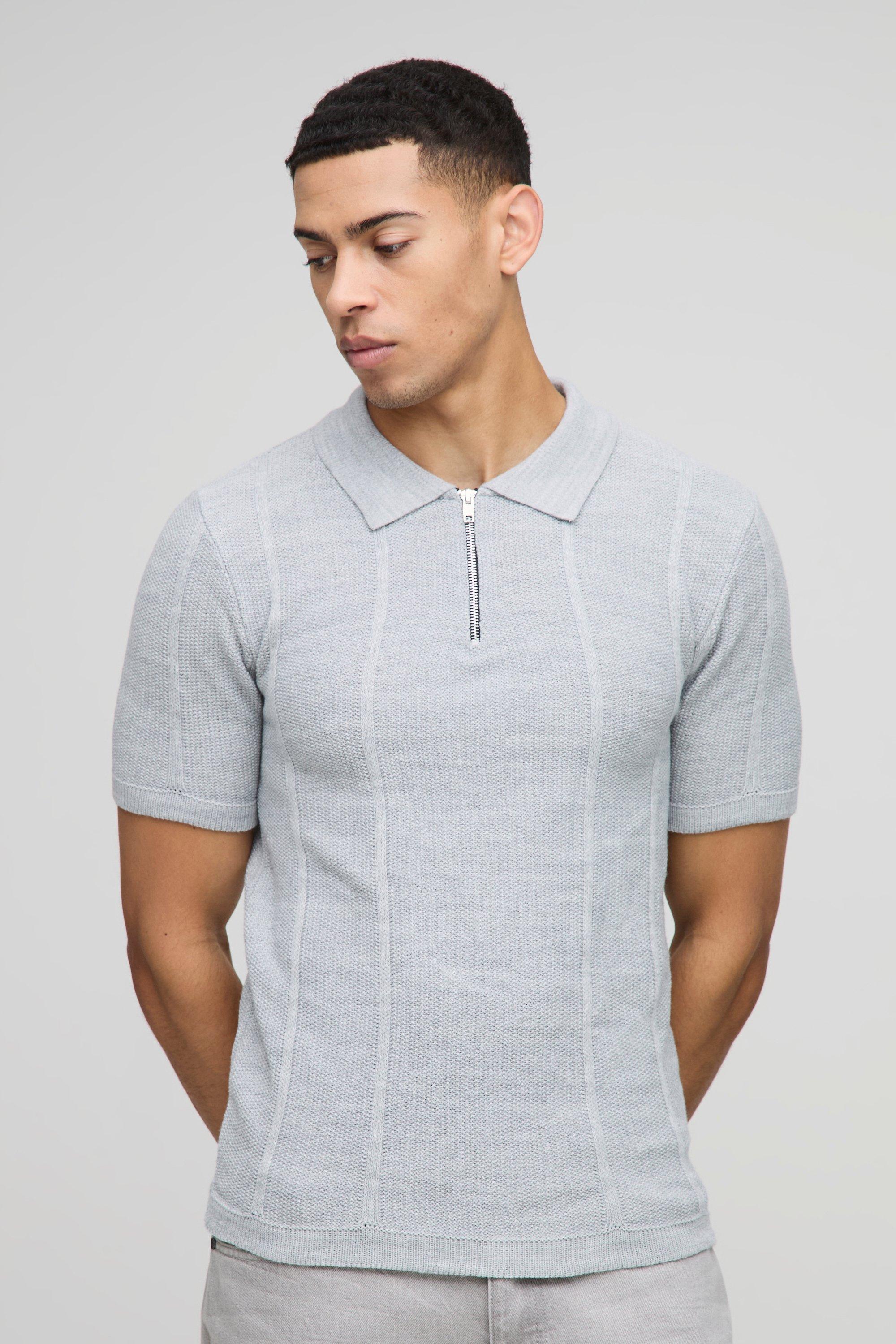 Polo attillata in maglia a coste con zip sul colletto e pannelli, Grigio