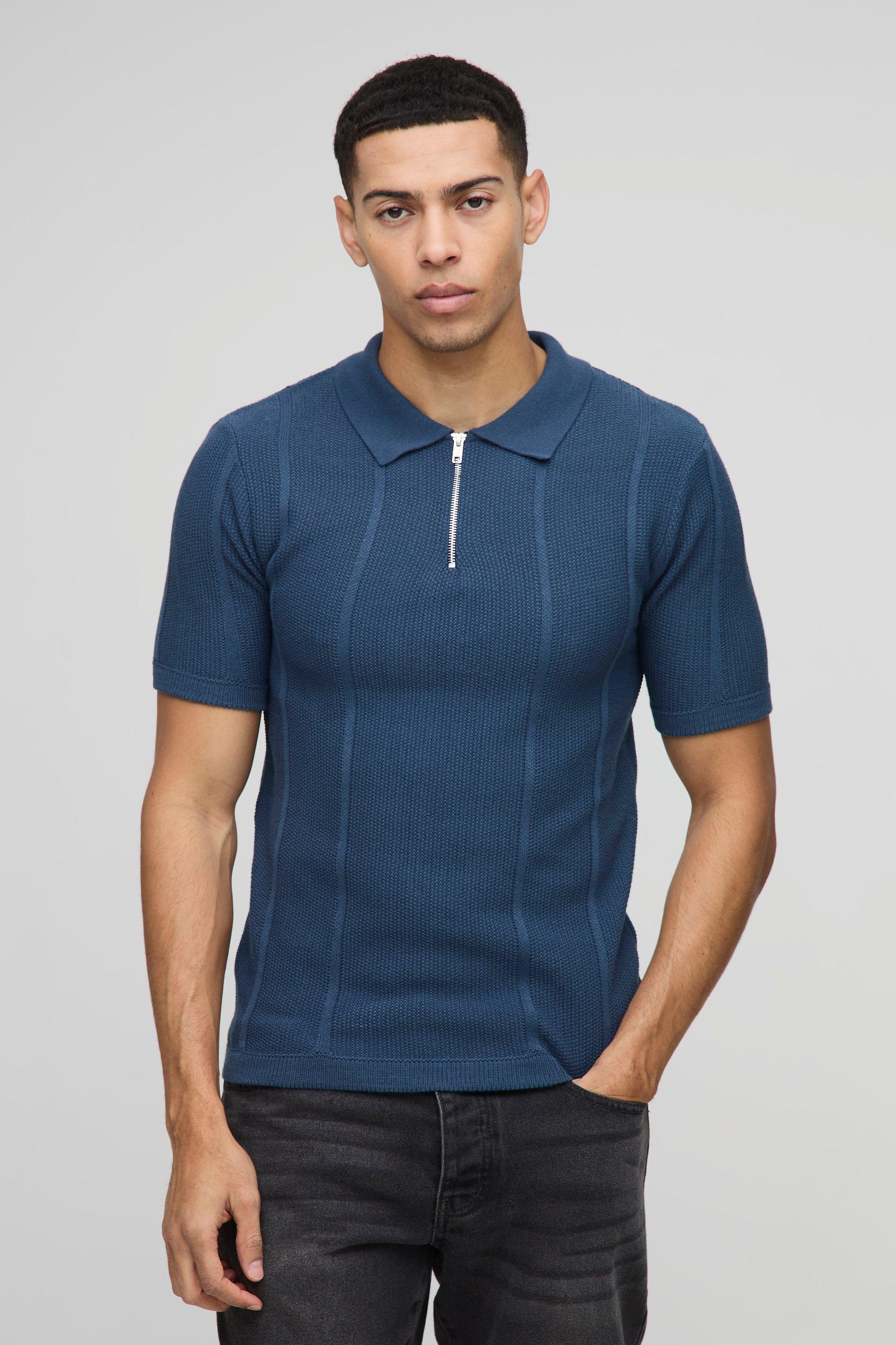 Polo attillata in maglia a coste con zip sul colletto e pannelli, Azzurro