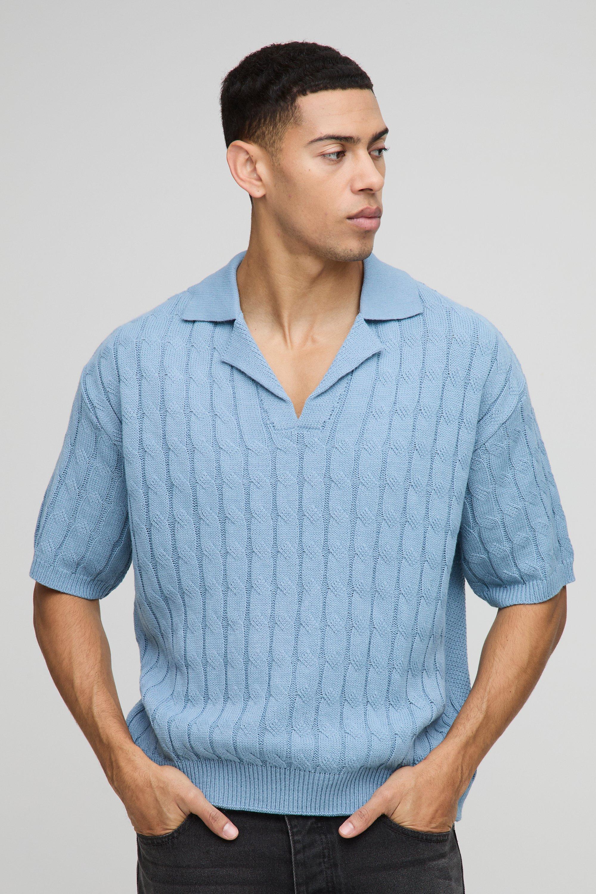 Polo squadrata oversize in maglia intrecciata con colletto attorcigliato e rever, Azzurro