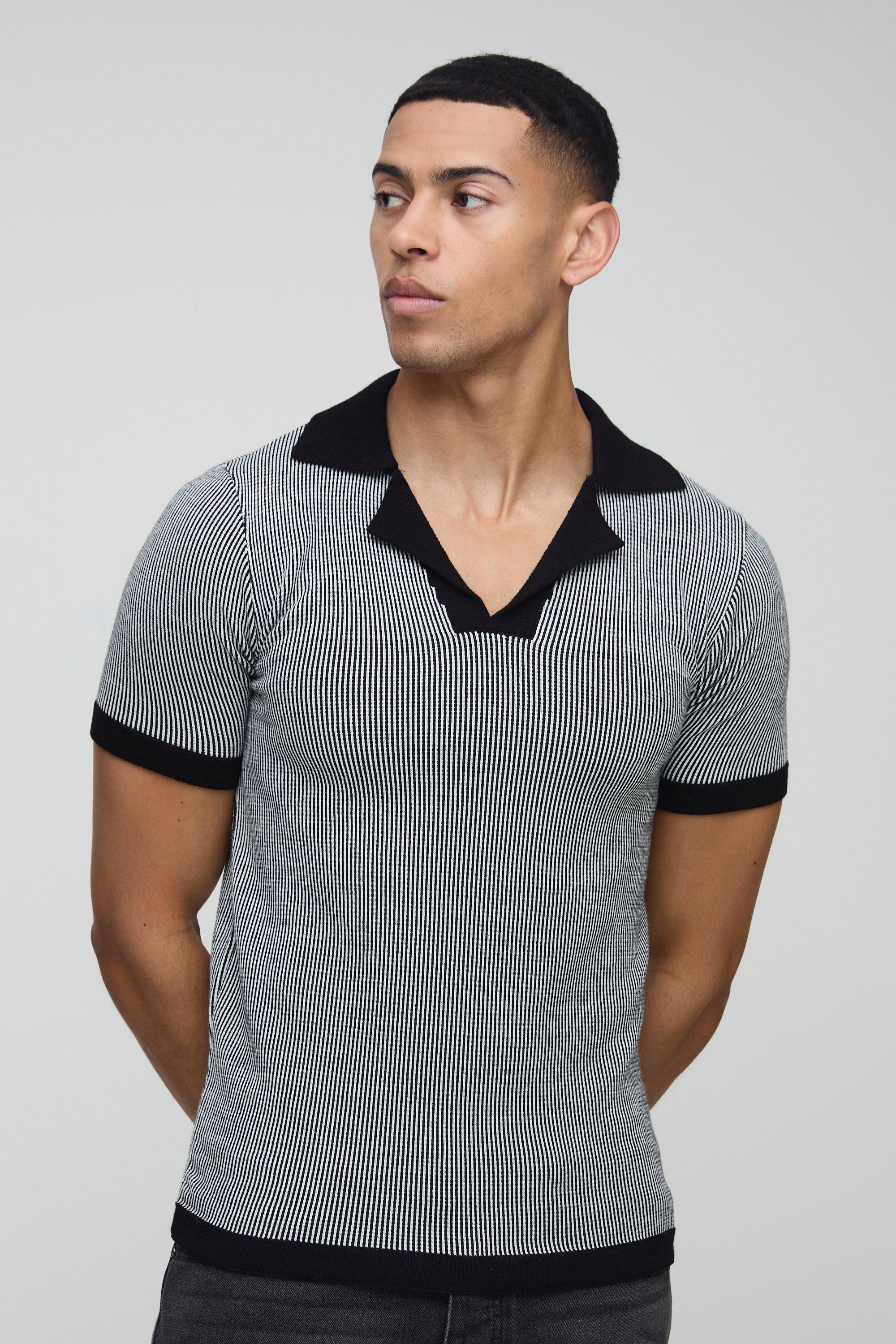 Muscle Fit Revere Collar Ribbed Plated Knitted Polo
