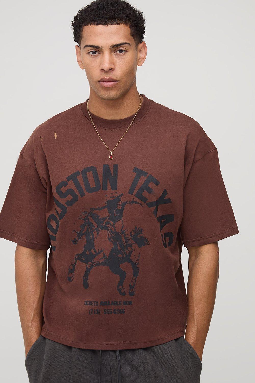 Image of Canotta squadrata oversize con grafica stile Western effetto smagliato, Brown