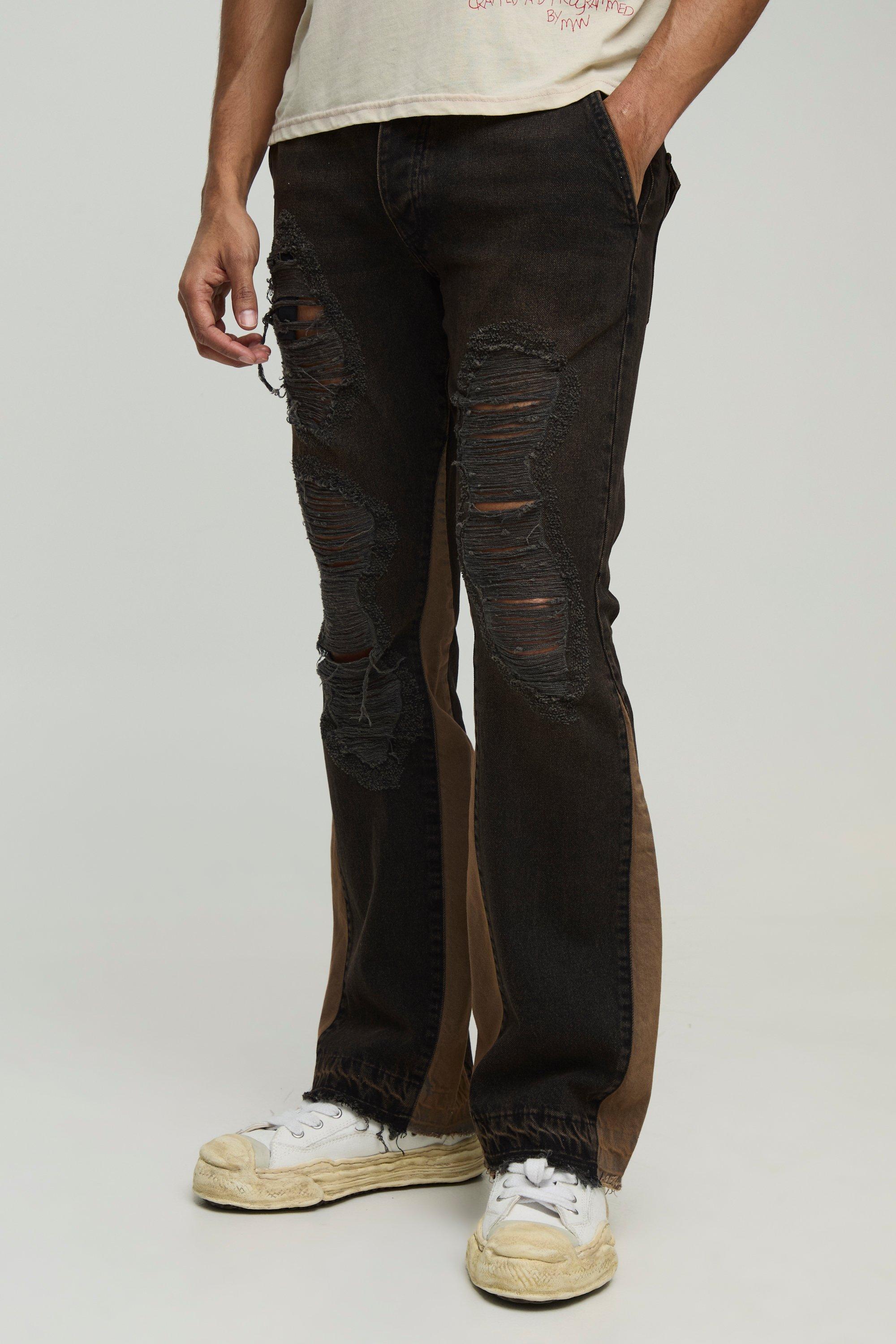 Rigid Slim Flared Ripped Detail Washed Jeans