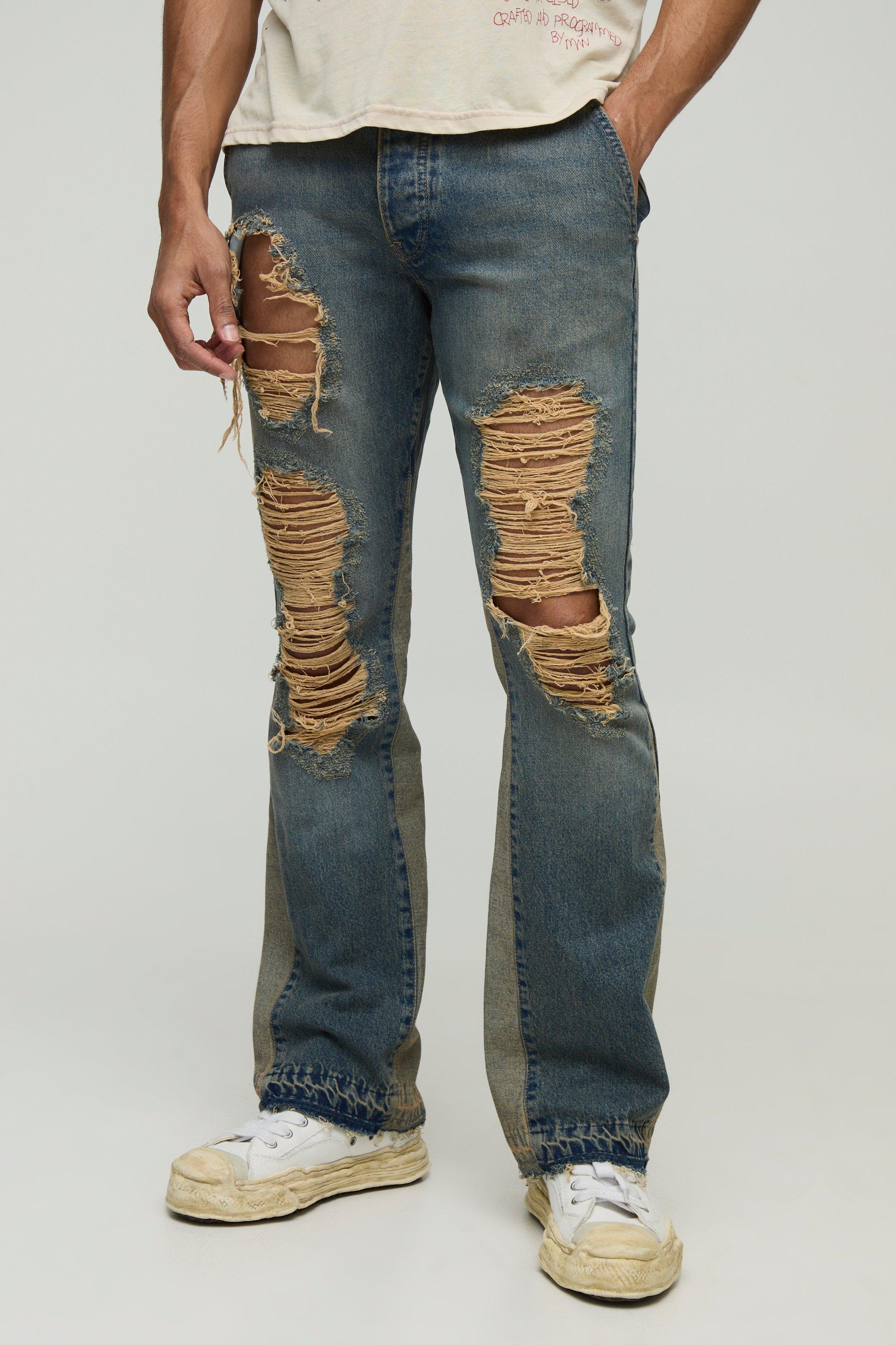 Mens Grey Rigid Slim Flared Ripped Detail Washed Jeans, Grey