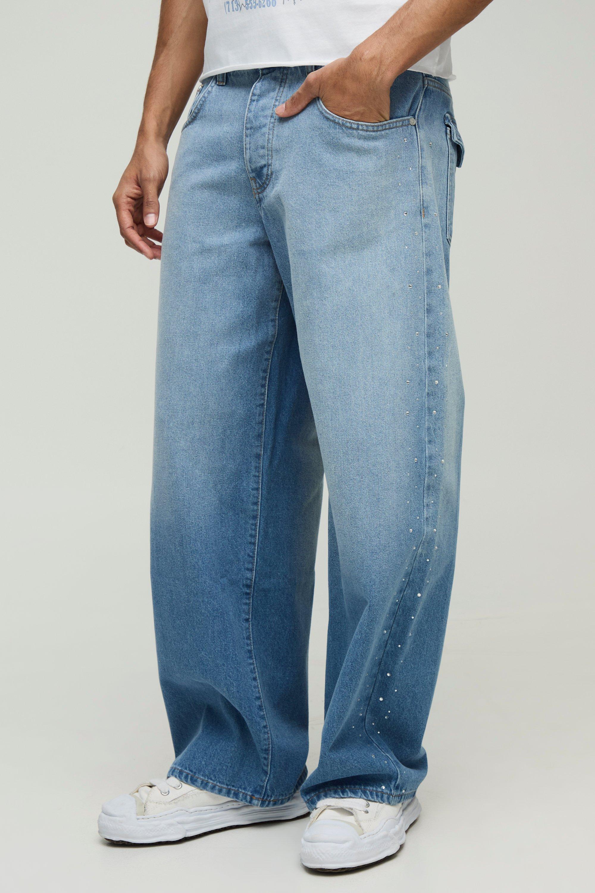 Image of Jeans extra comodi slavati in denim rigido con strass, Azzurro