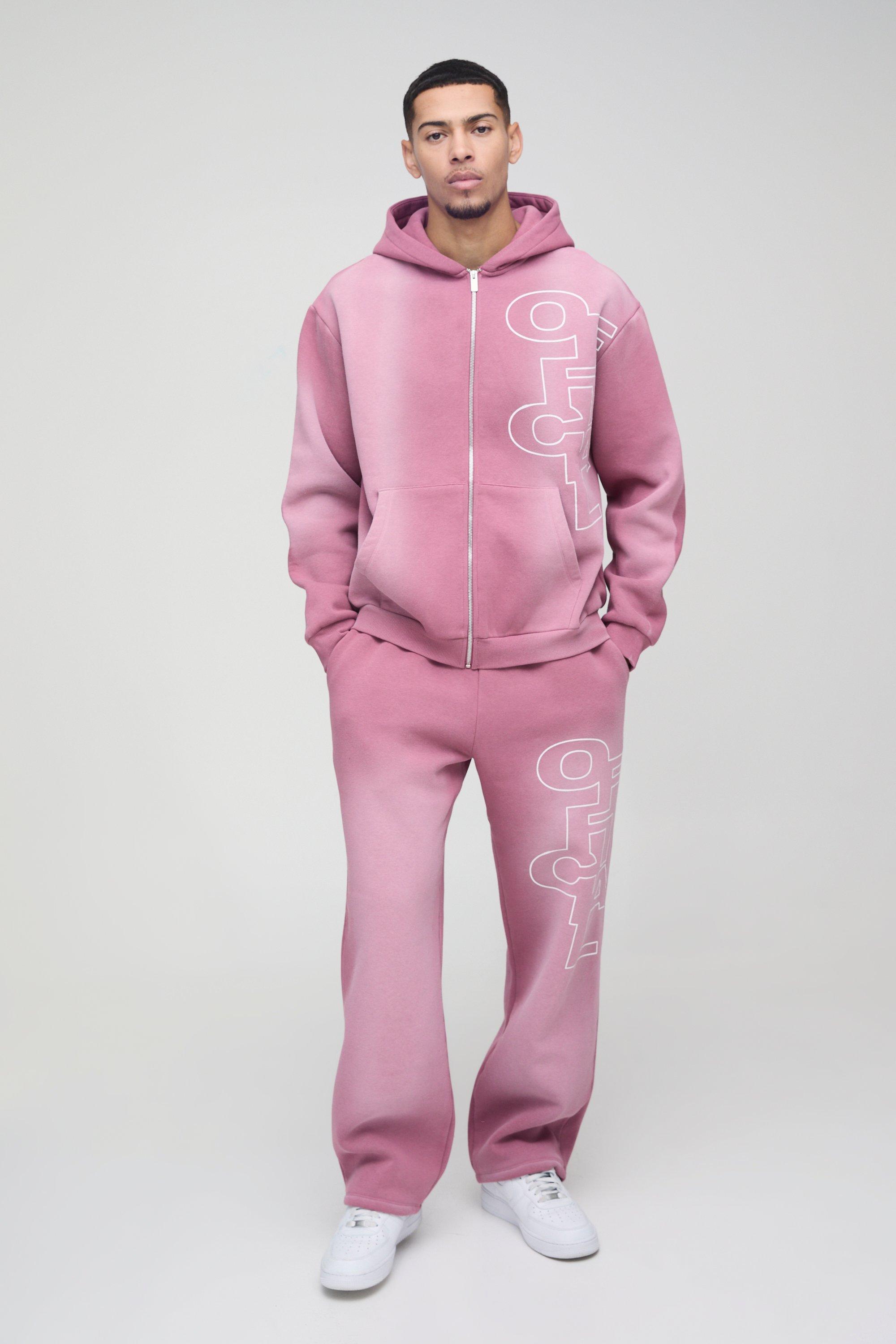 Mens Pink Oversized Official Spray Wash Zip Hooded Tracksuit, Pink