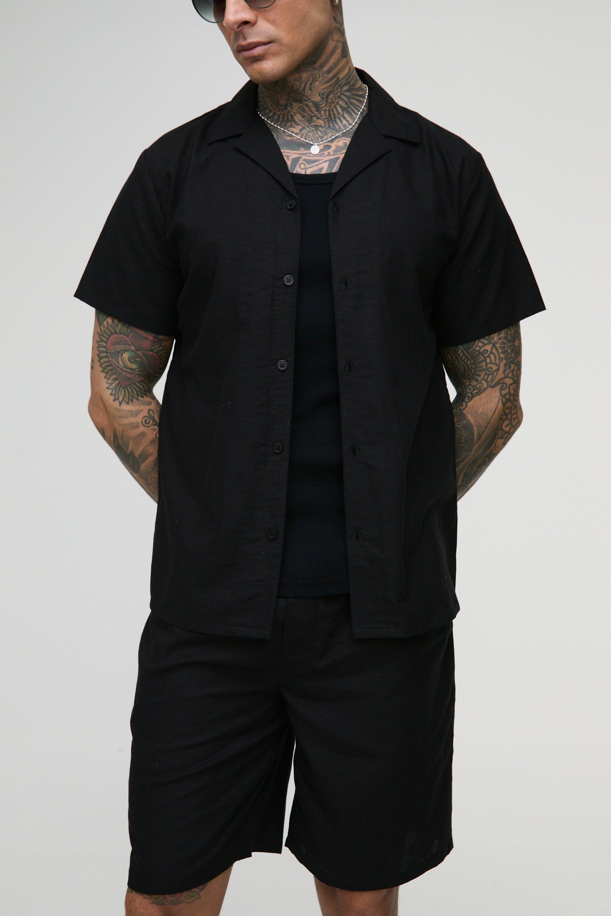 Mens Black Tall Regular Linen Shirt & Short Set, Black