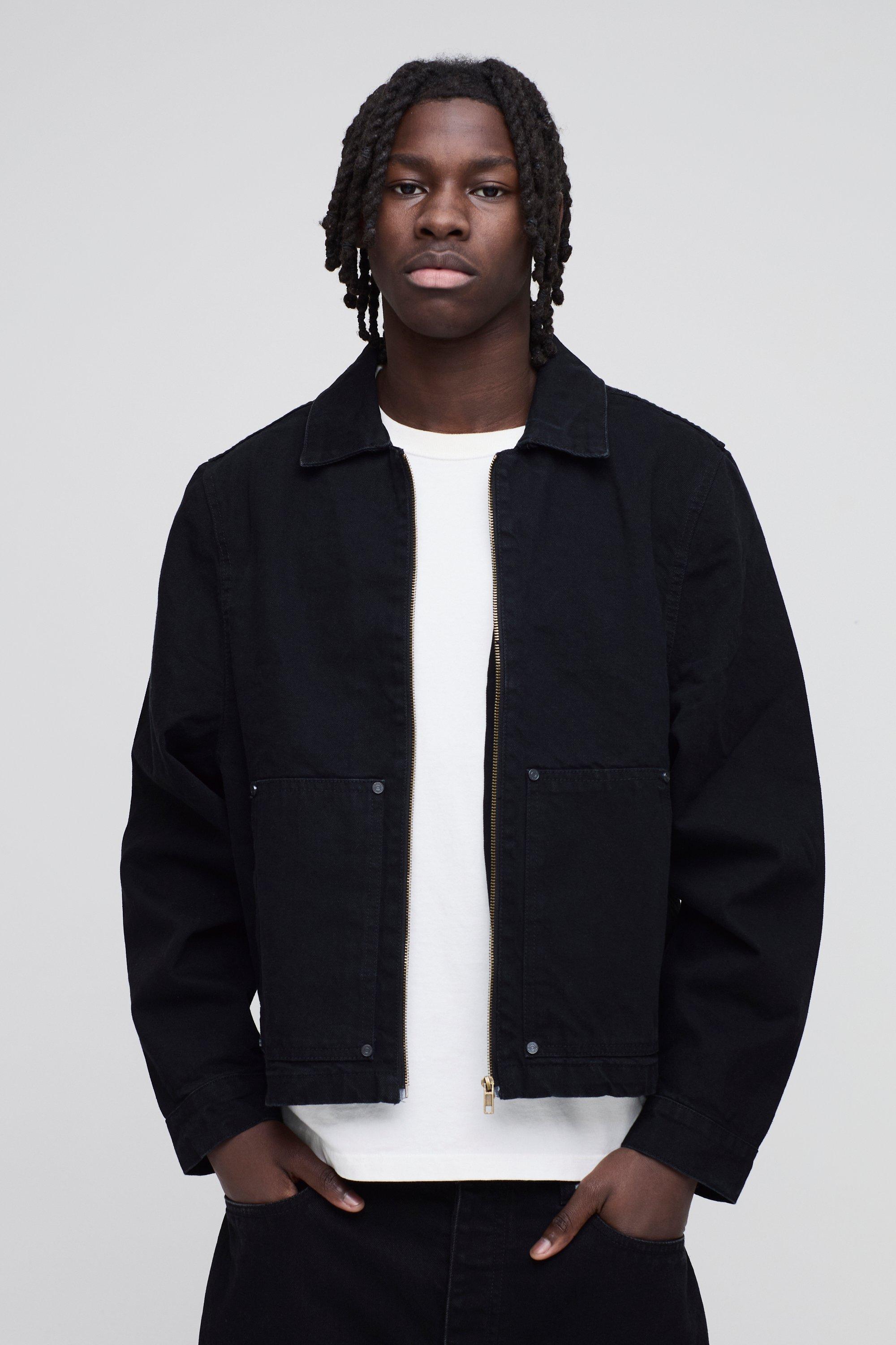 Image of Giacca Harrington in denim nero stile Carpenter, Nero