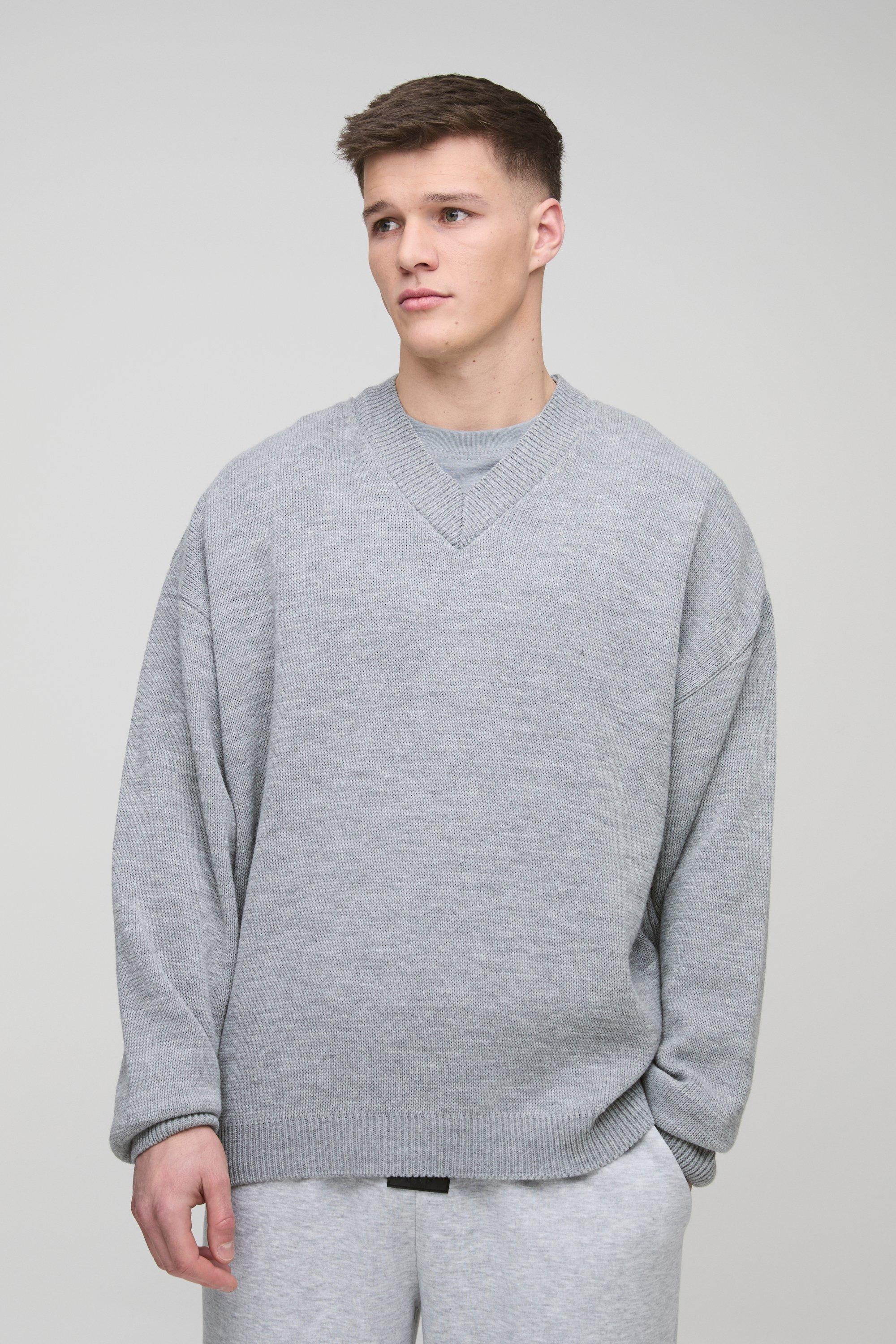 Mens Grey Tall Oversized Boxy V Neck Knitted Jumper, Grey