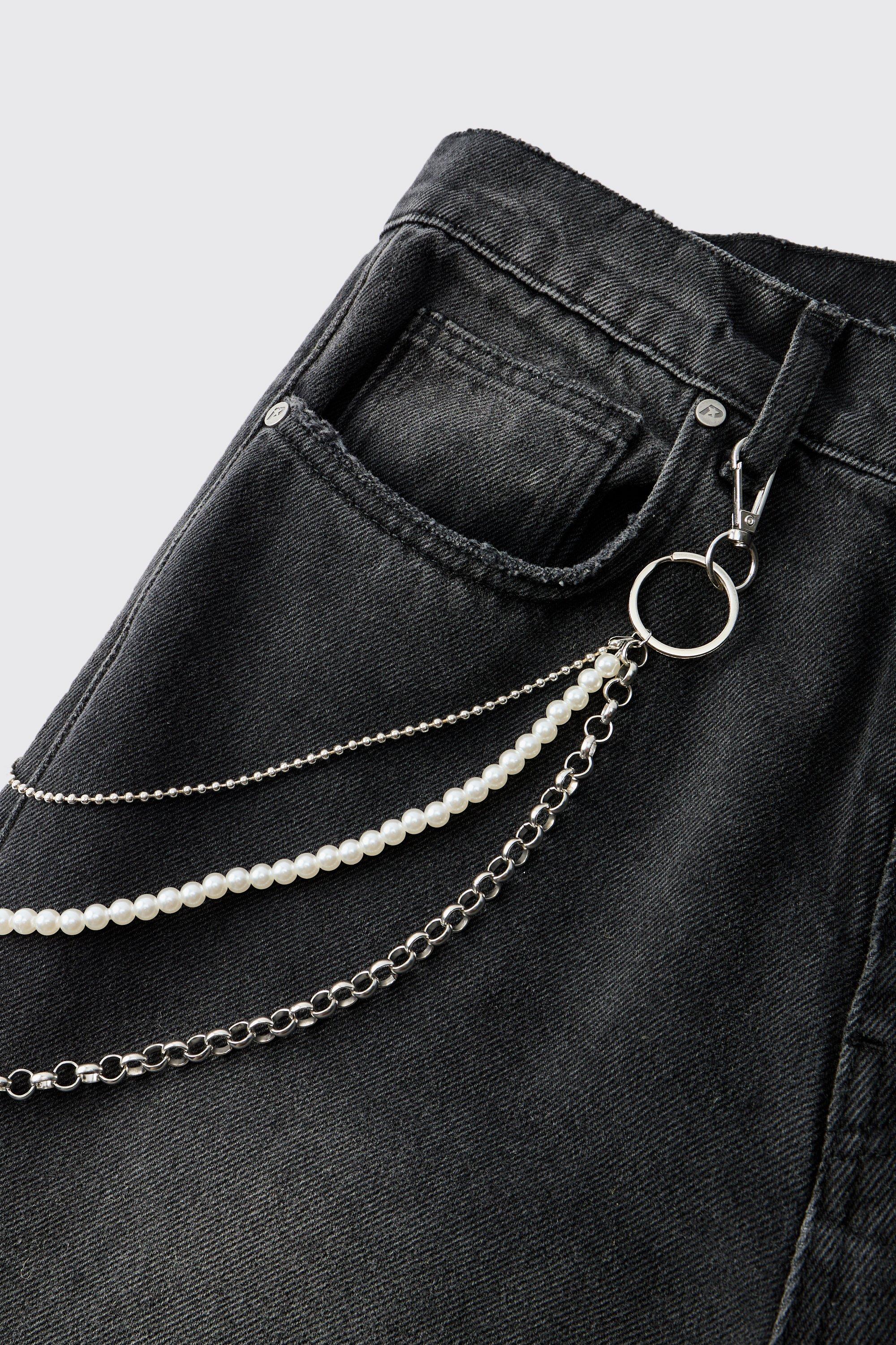 Mens Grey Layered Jean Chain with Pearls, Grey