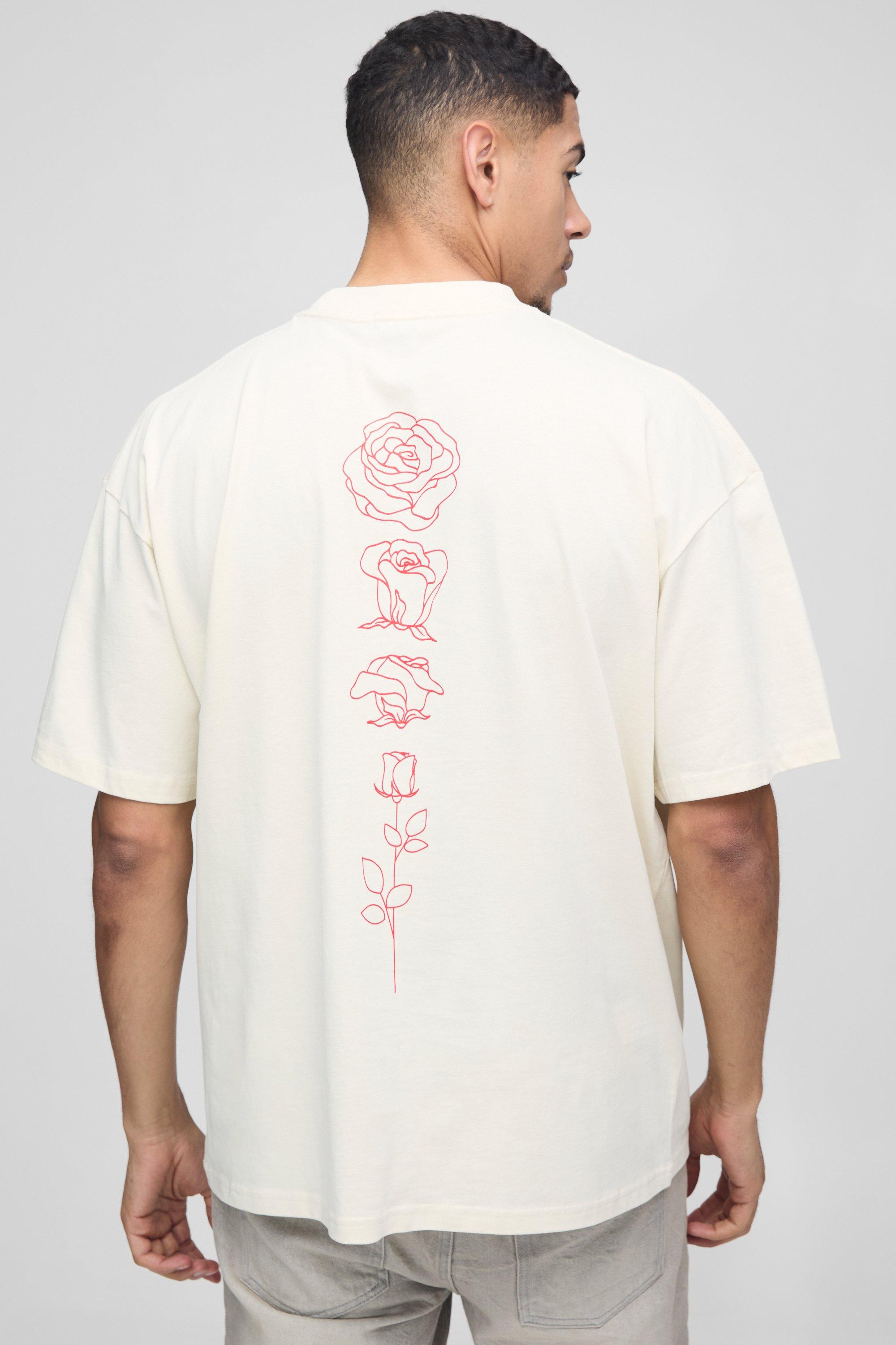Mens Cream Oversized Heavyweight Extended Neck Line Drawn Floral Graphic T-Shirt, Cream