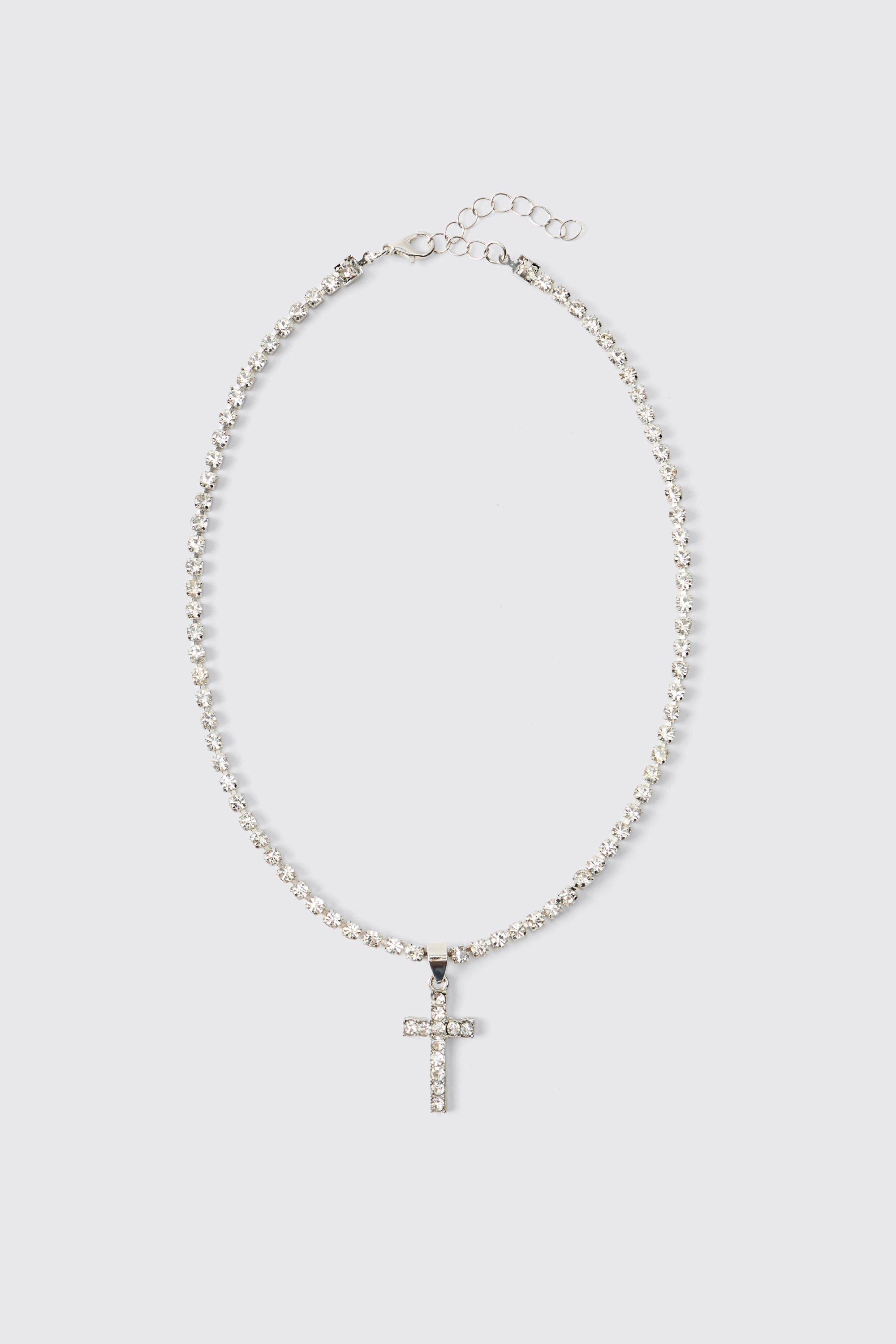 Mens Grey Iced Cross Necklace, Grey