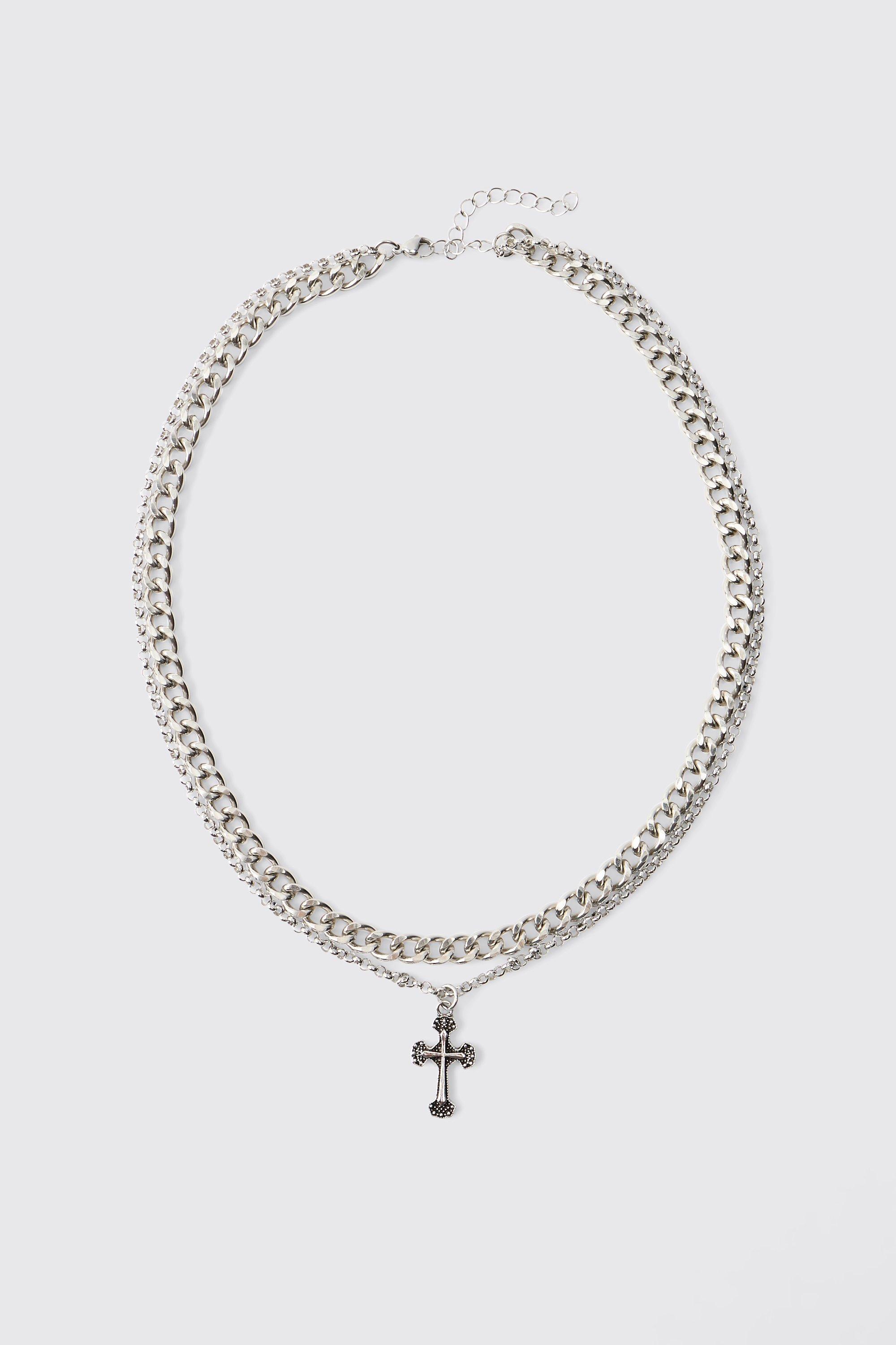 Mens Grey Layered Cross Necklace In Silver, Grey